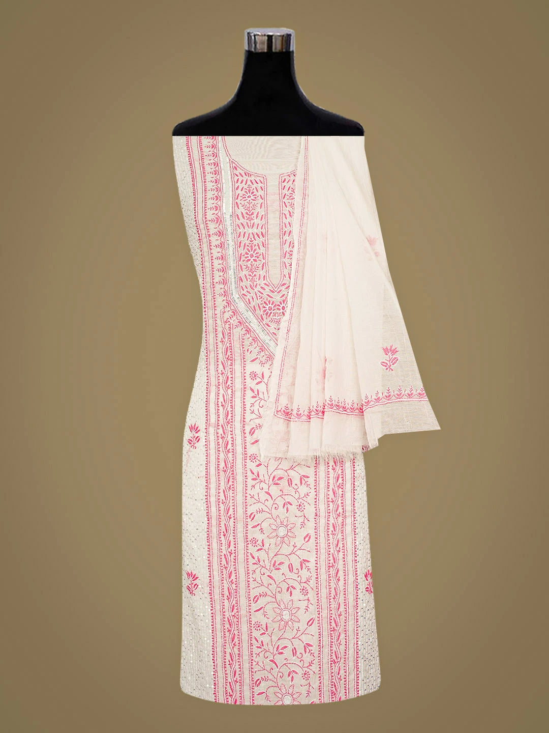 Ada Hand Embroidered White Chanderi Lucknowi Chikankari Unstitched Kurta Dupatta Set With Pearl Work 01A911260