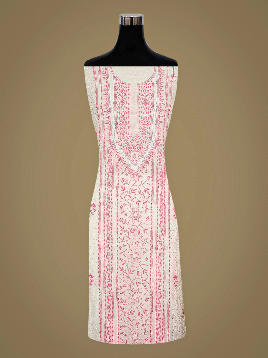 Ada Hand Embroidered White Chanderi Lucknowi Chikankari Unstitched Kurta Dupatta Set With Pearl Work 01A911260