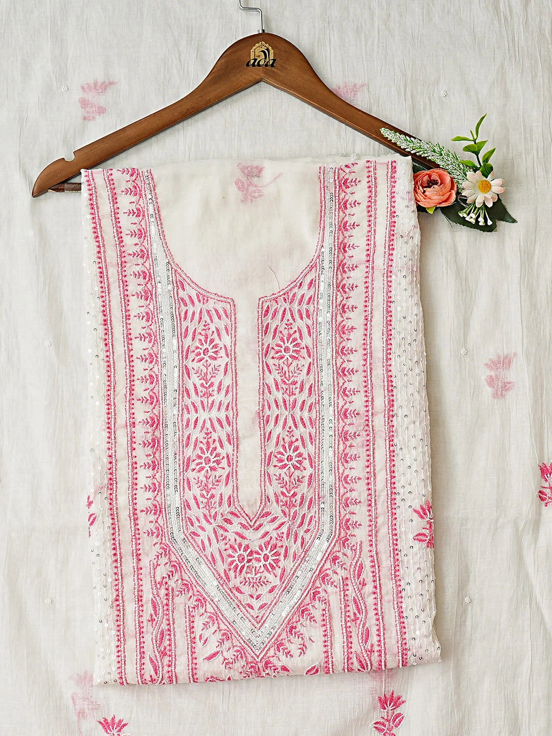 Ada Hand Embroidered White Chanderi Lucknowi Chikankari Unstitched Kurta Dupatta Set With Pearl Work 01A911260
