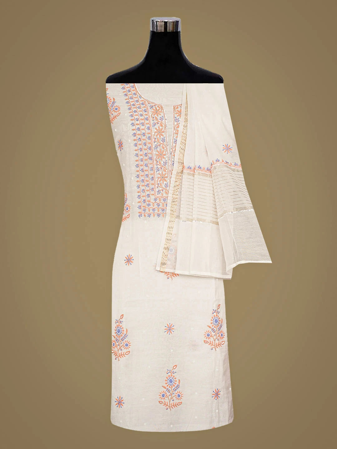 Ada Hand Embroidered White Chanderi Lucknowi Chikankari Unstitched Kurta Dupatta Set With Pearl Work 01A885731