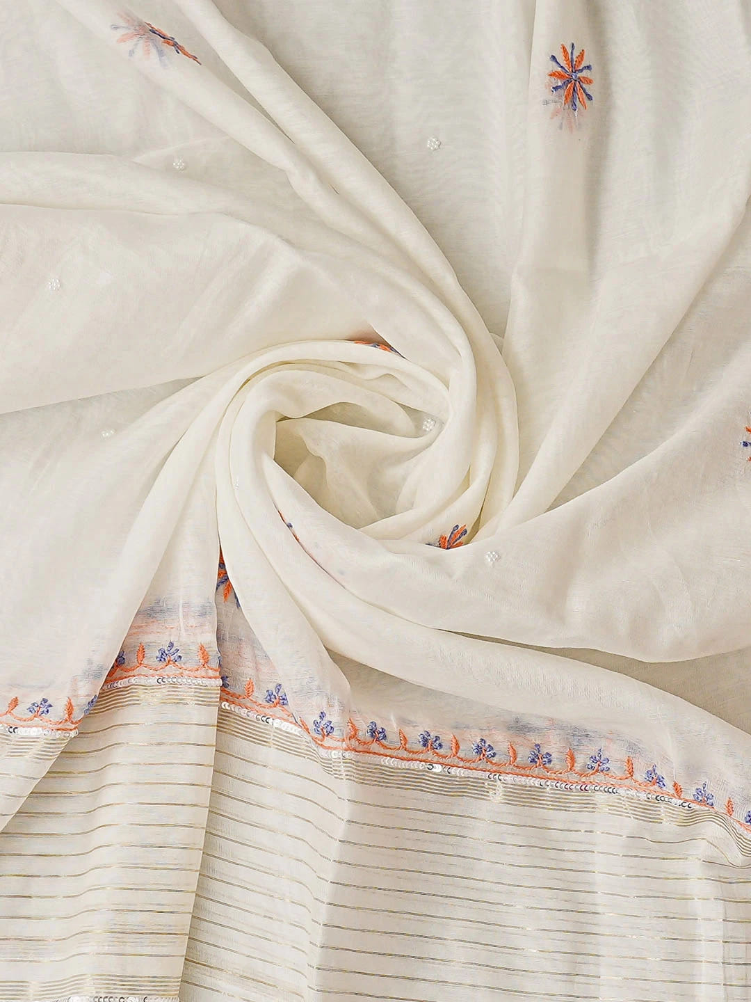 Ada Hand Embroidered White Chanderi Lucknowi Chikankari Unstitched Kurta Dupatta Set With Pearl Work 01A885731