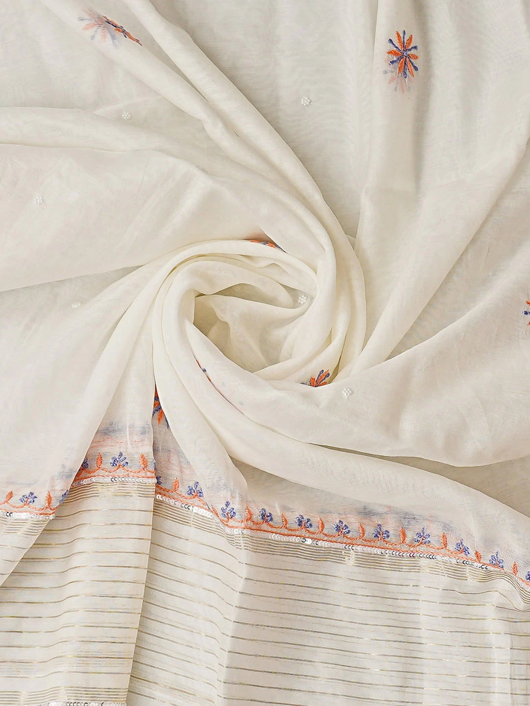 Ada Hand Embroidered White Chanderi Lucknowi Chikankari Unstitched Kurta Dupatta Set With Pearl Work 01A885731