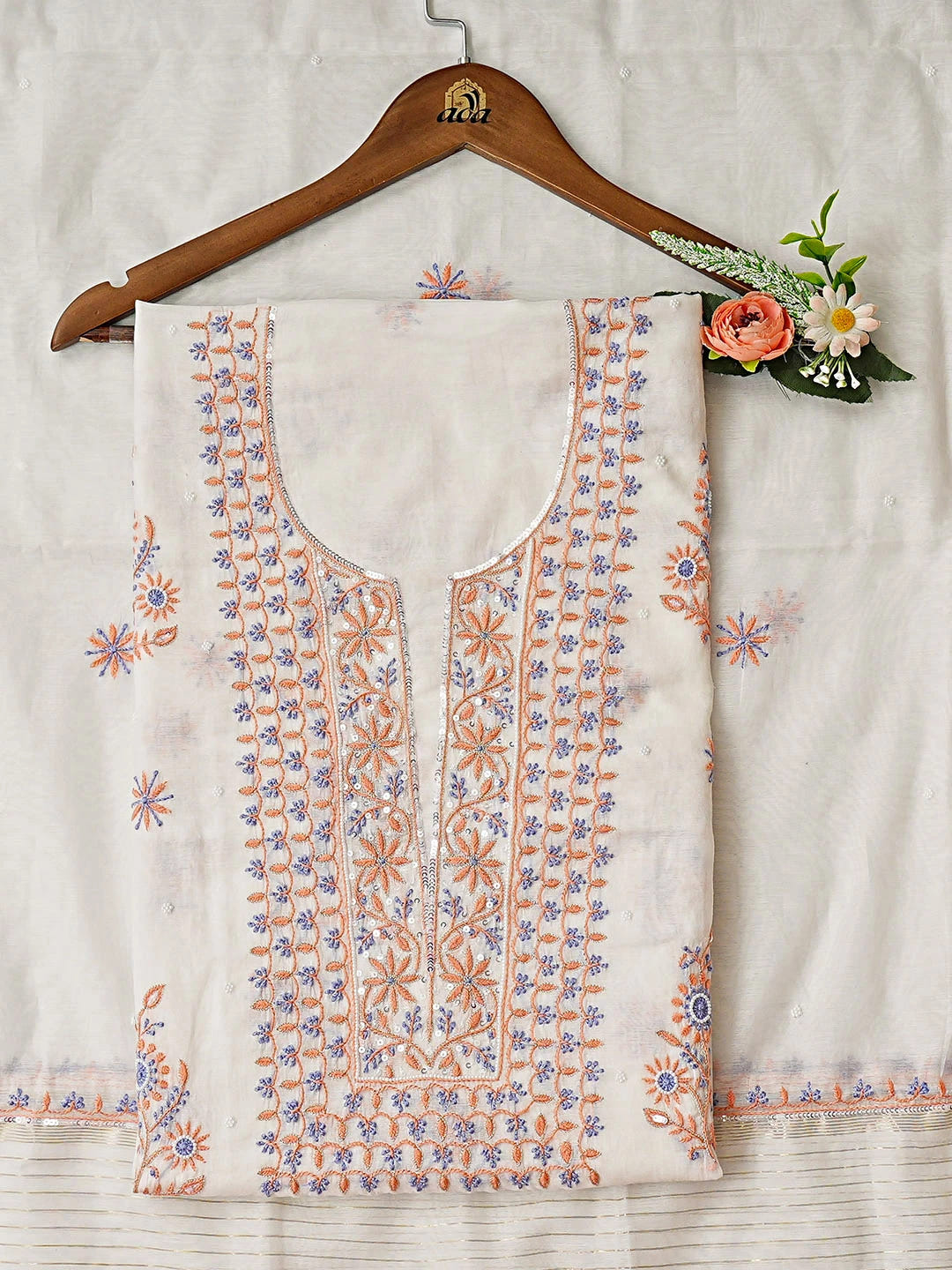 Ada Hand Embroidered White Chanderi Lucknowi Chikankari Unstitched Kurta Dupatta Set With Pearl Work 01A885731