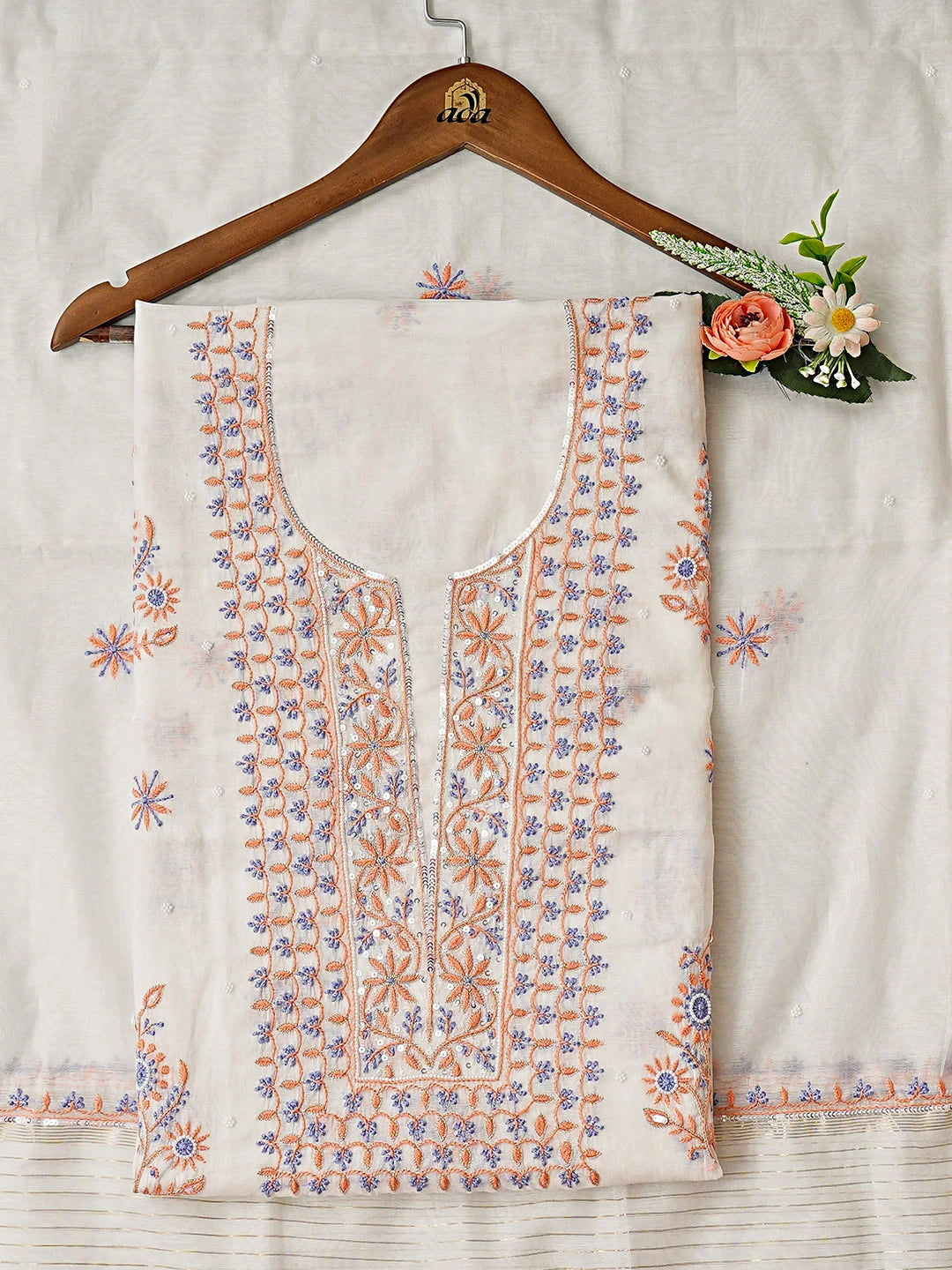 Ada Hand Embroidered White Chanderi Lucknowi Chikankari Unstitched Kurta Dupatta Set With Pearl Work 01A885731