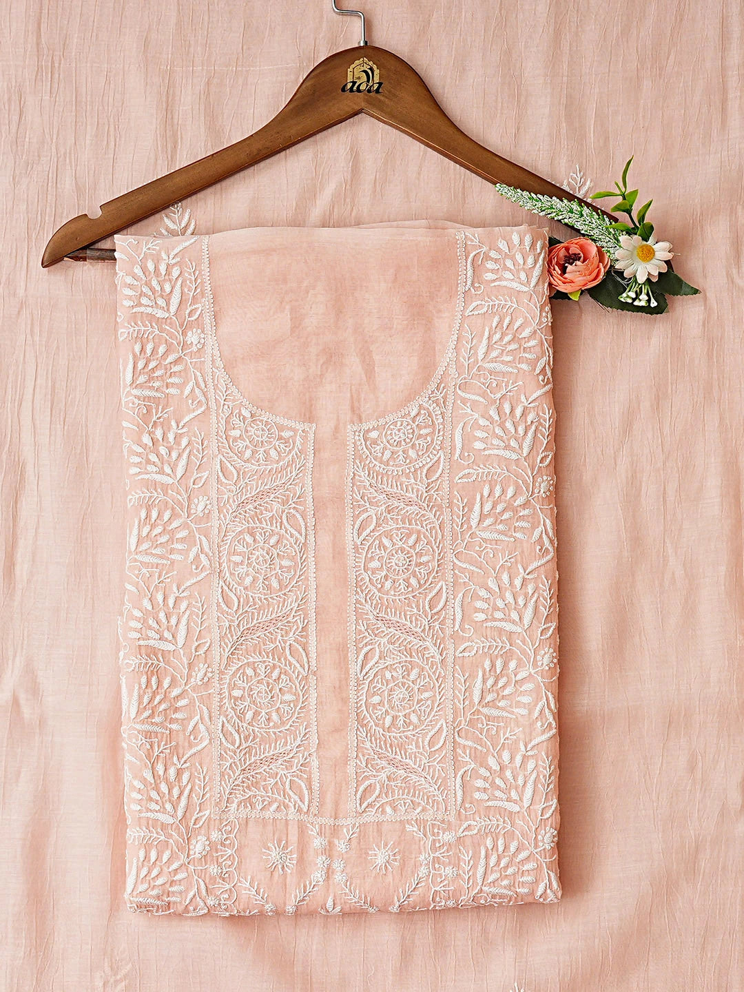 Ada Hand Embroidered Light Peach Chanderi Lucknowi Chikankari Unstitched Kurta Dupatta Set 01A903852