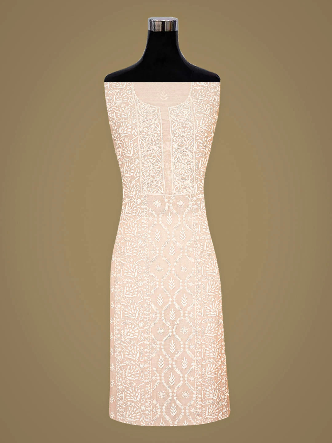 Ada Hand Embroidered Light Peach Chanderi Lucknowi Chikankari Unstitched Kurta Dupatta Set 01A903852