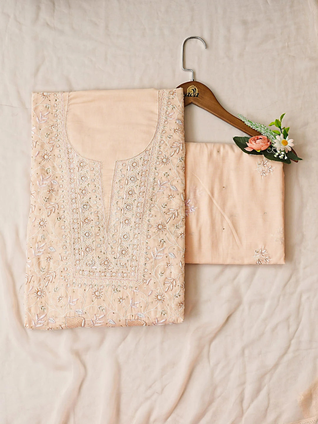 Ada Hand Embroidered Peach Cotton Lucknowi Chikankari Unstitched Suit Piece with Chiffon Dupatta 01A352376
