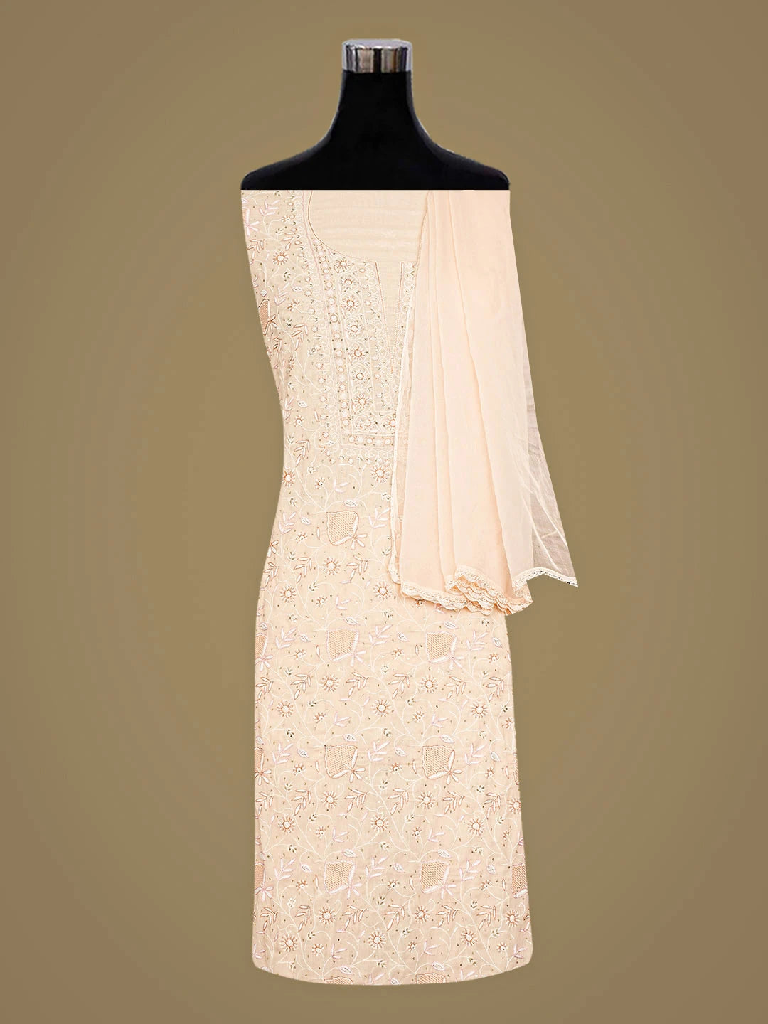 Ada Hand Embroidered Peach Cotton Lucknowi Chikankari Unstitched Suit Piece with Chiffon Dupatta 01A352376