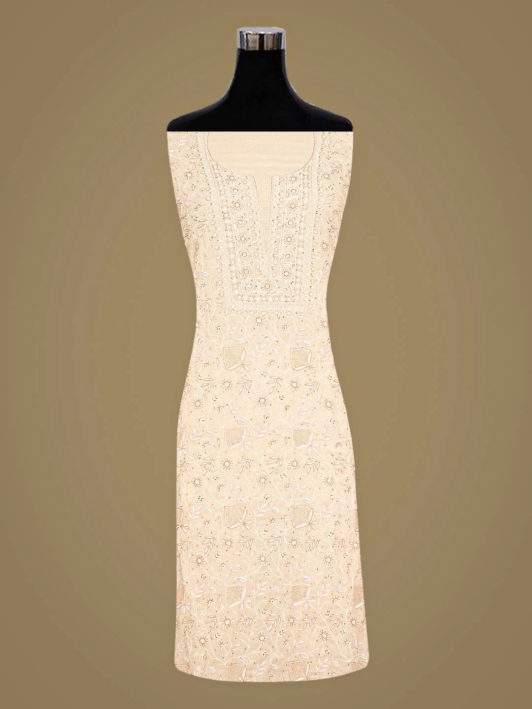 Ada Hand Embroidered Peach Cotton Lucknowi Chikankari Unstitched Suit Piece with Chiffon Dupatta 01A352376