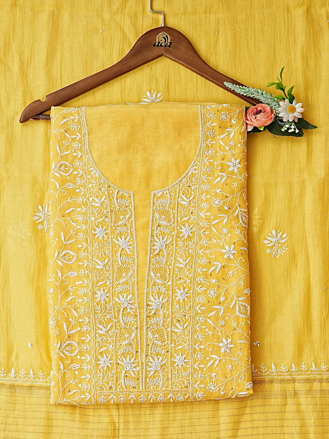 Ada Hand Embroidered Yellow Chanderi Lucknowi Chikankari Unstitched Kurta Dupatta Set With Sequinned Work 01A902110