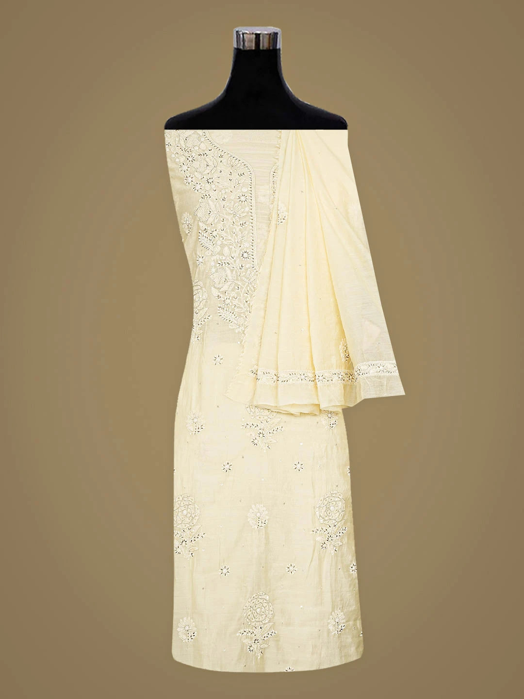 Ada Hand Embroidered Beige Chanderi Lucknowi Chikankari Unstitched Kurta Dupatta Set With Cutdana Work 01A642748