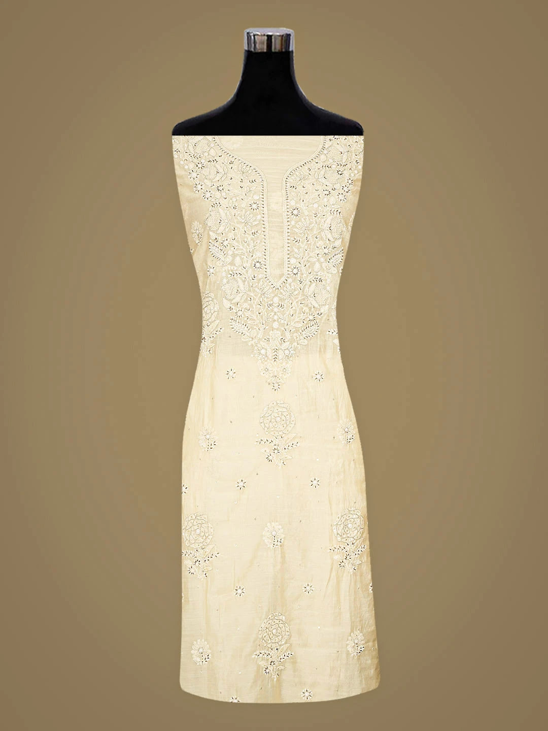 Ada Hand Embroidered Beige Chanderi Lucknowi Chikankari Unstitched Kurta Dupatta Set With Cutdana Work 01A642748