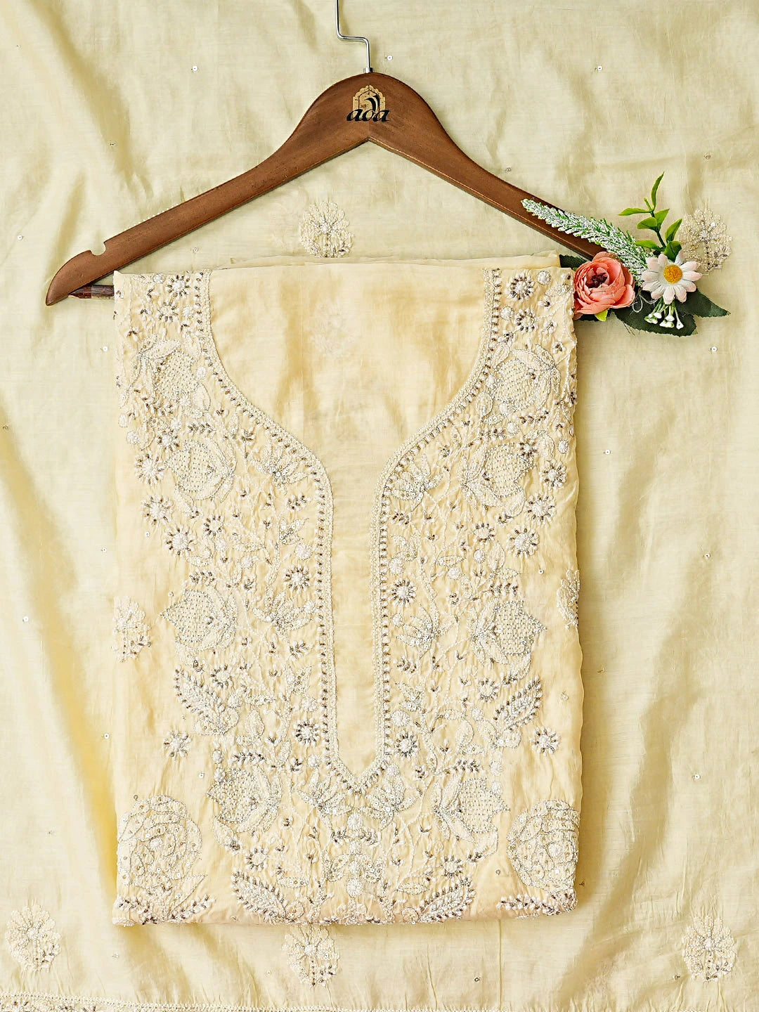 Ada Hand Embroidered Beige Chanderi Lucknowi Chikankari Unstitched Kurta Dupatta Set With Cutdana Work 01A642748