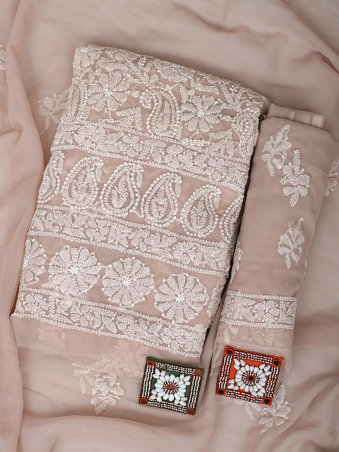 Ada Hand Embroidered Dusty Beige Georgette Lucknowi Chikankari Unstitched Suit Piece 01A915239