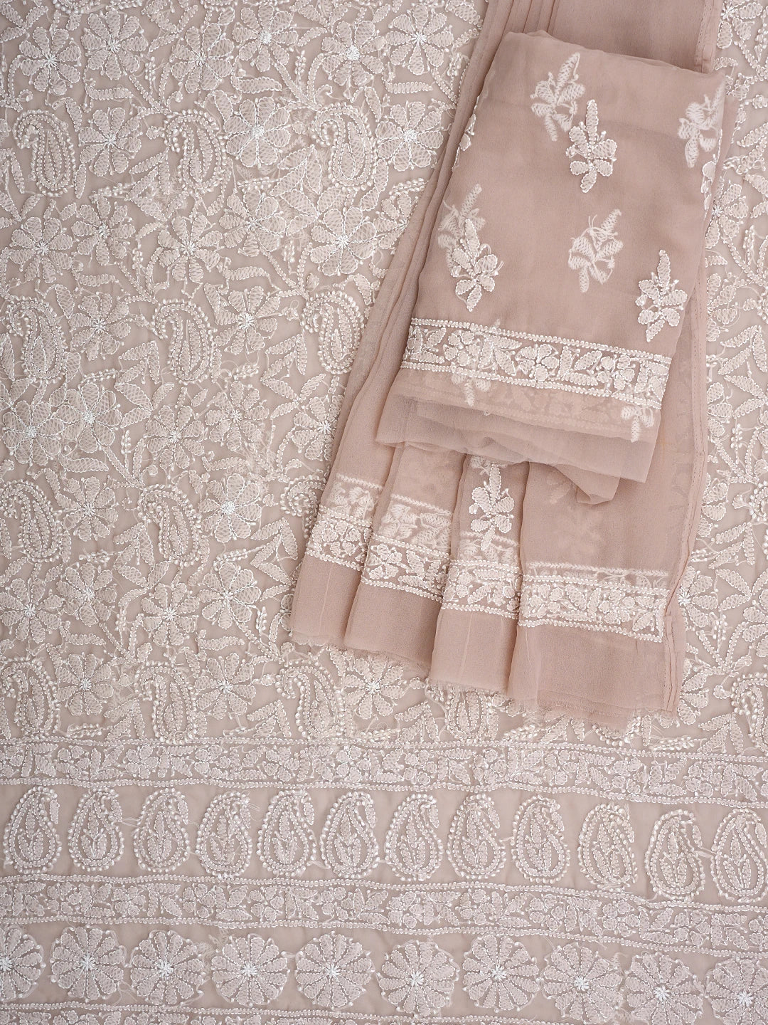 Ada Hand Embroidered Dusty Beige Georgette Lucknowi Chikankari Unstitched Suit Piece 01A915239