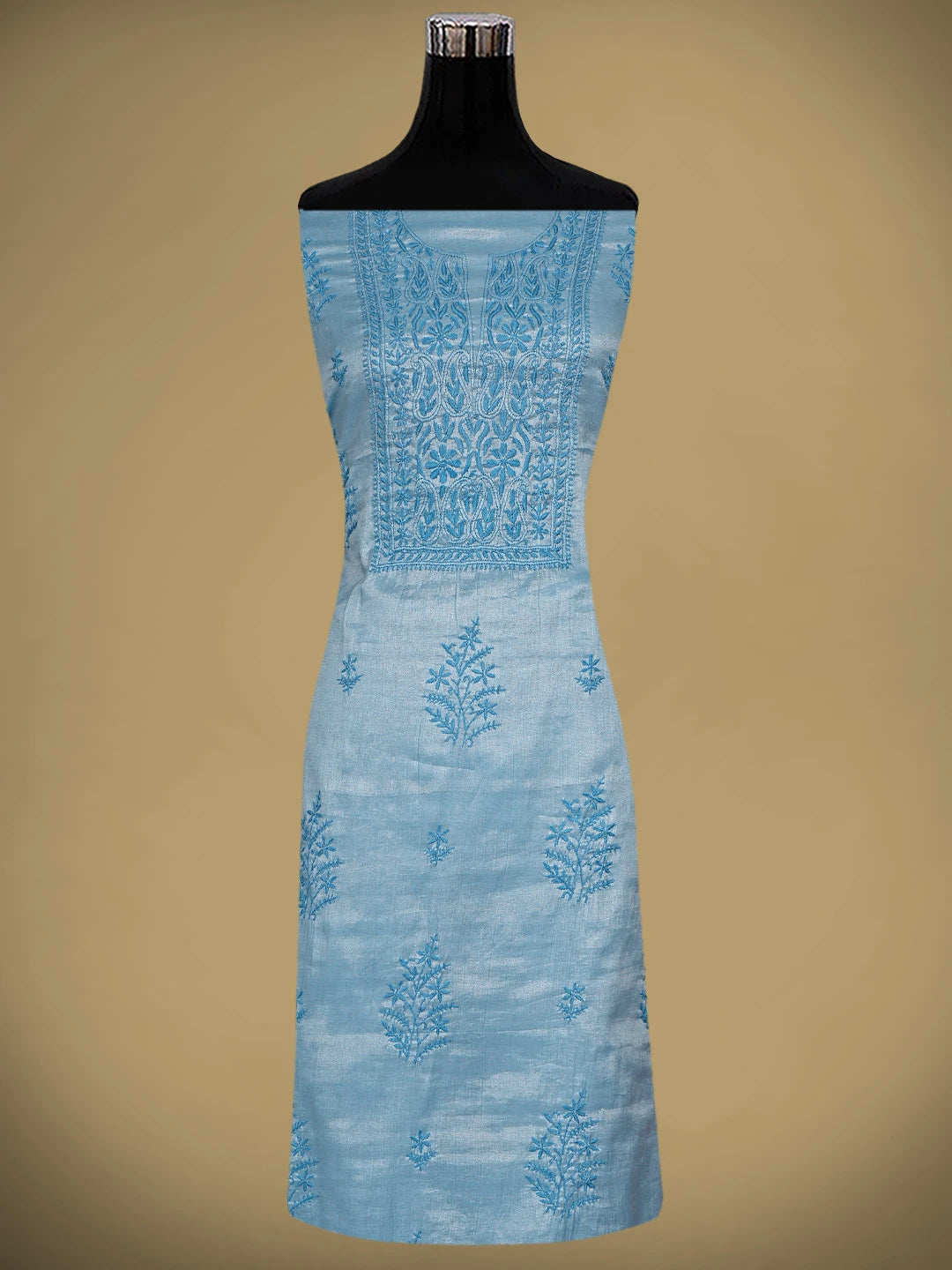 Ada Hand Embroidered Steel Blue Tissue Lucknowi Chikankari Unstitched Kurta Dupatta Set 01A901629