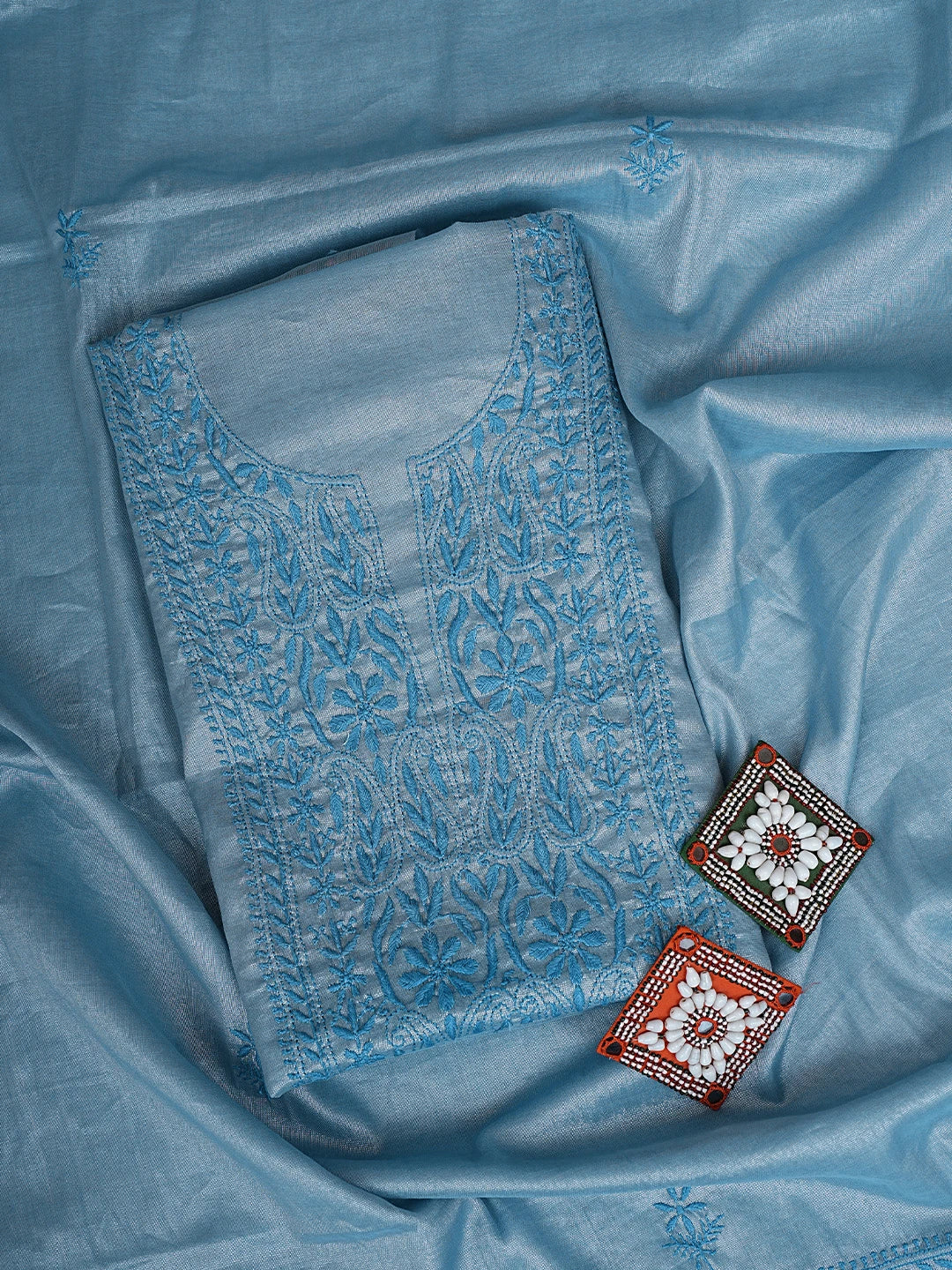 Ada Hand Embroidered Steel Blue Tissue Lucknowi Chikankari Unstitched Kurta Dupatta Set 01A901629
