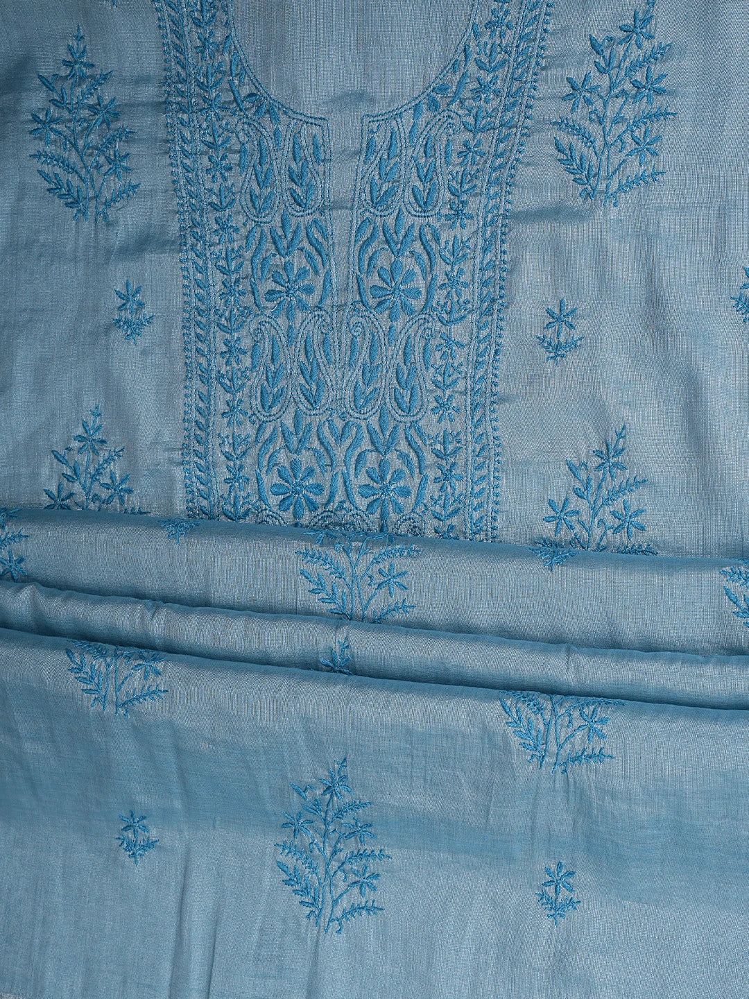 Ada Hand Embroidered Steel Blue Tissue Lucknowi Chikankari Unstitched Kurta Dupatta Set 01A901629