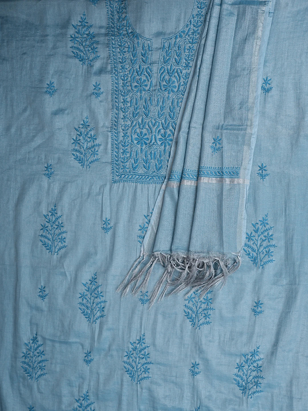 Ada Hand Embroidered Steel Blue Tissue Lucknowi Chikankari Unstitched Kurta Dupatta Set 01A901629