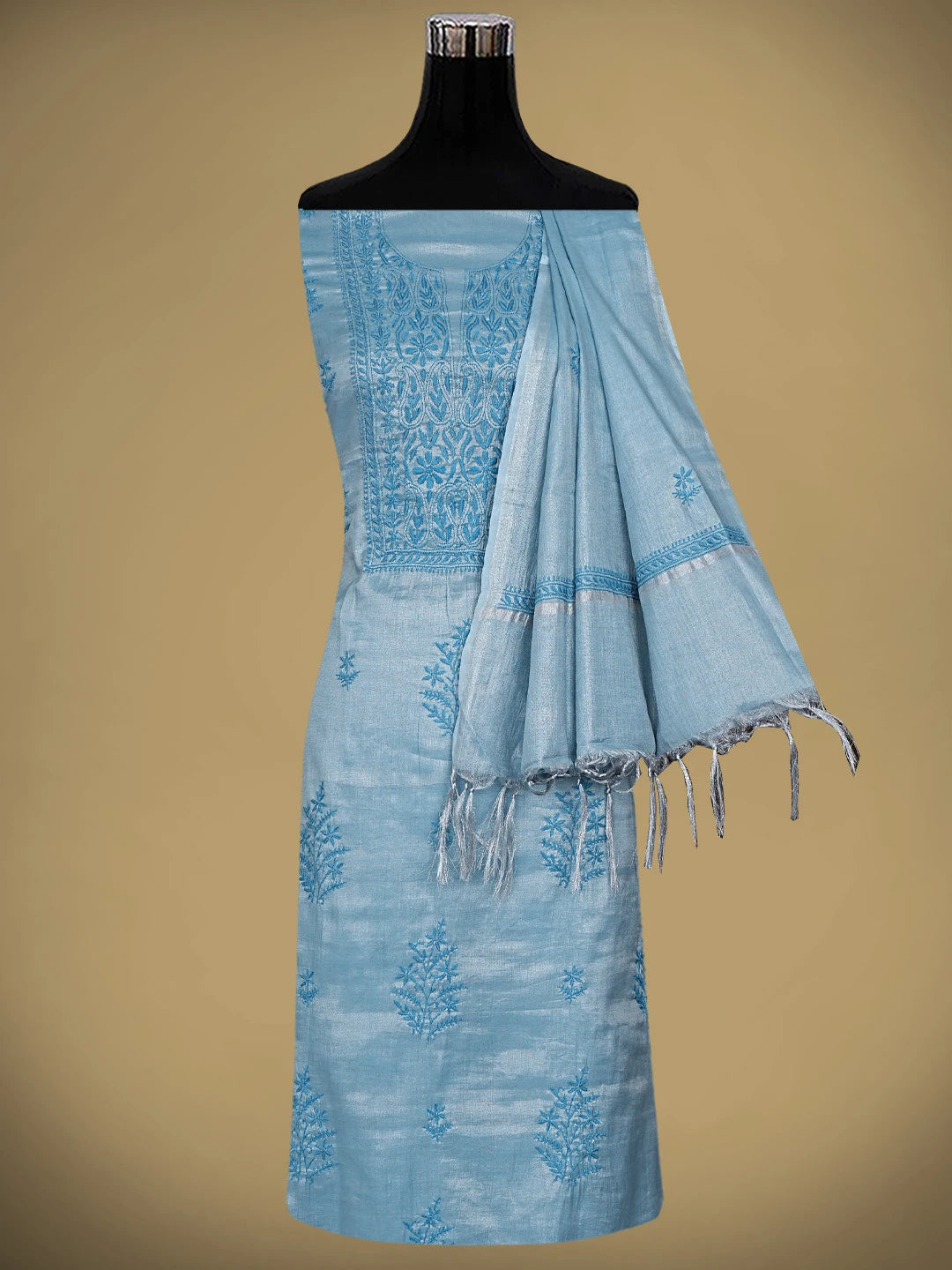 Ada Hand Embroidered Steel Blue Tissue Lucknowi Chikankari Unstitched Kurta Dupatta Set 01A901629