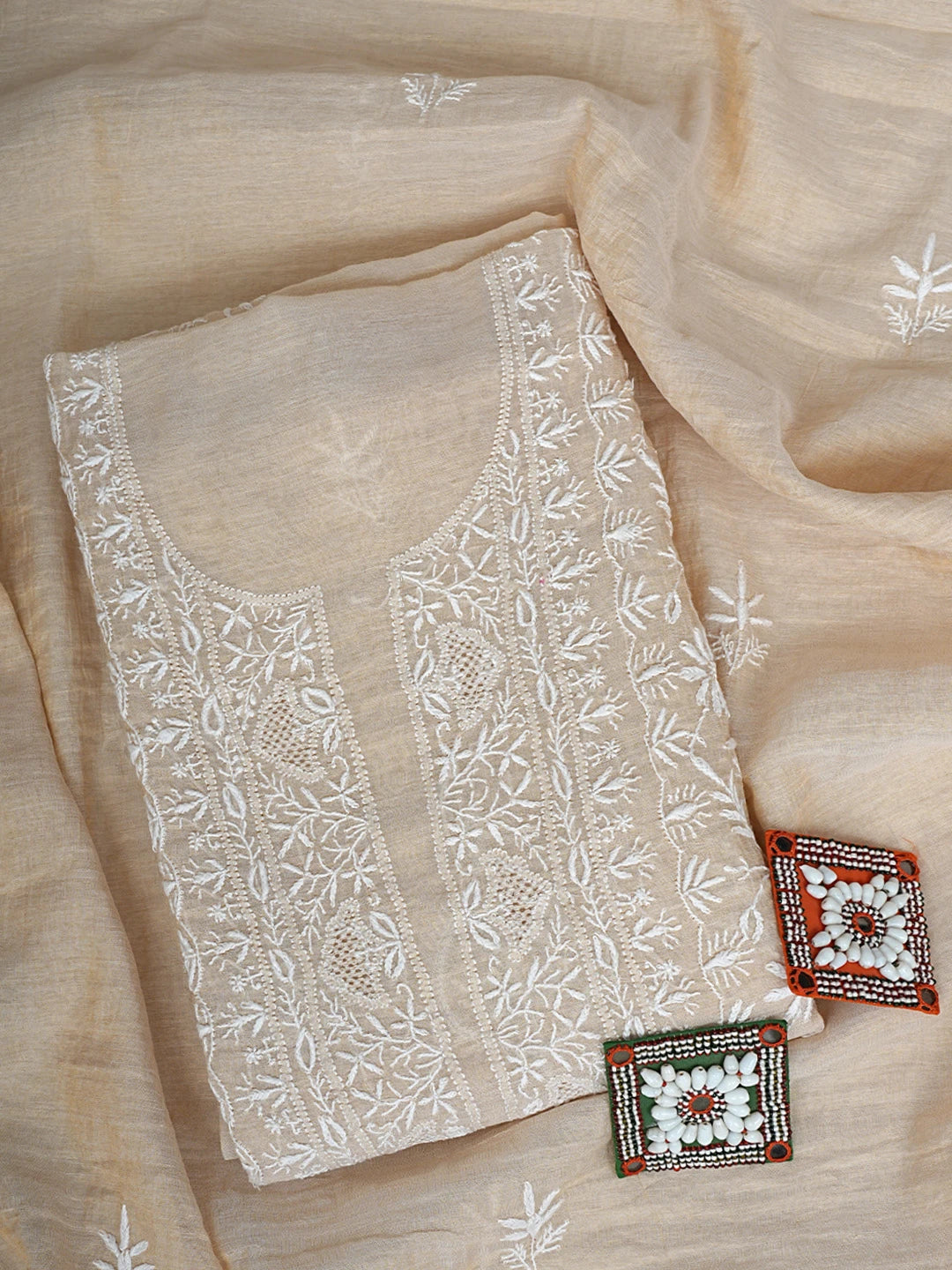 Ada Hand Embroidered Fawn Tissue Lucknowi Chikankari Unstitched Kurta Dupatta Set 01A903766