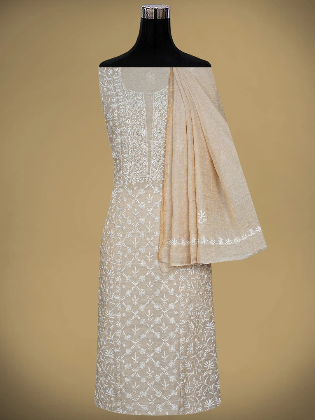 Ada Hand Embroidered Fawn Tissue Lucknowi Chikankari Unstitched Kurta Dupatta Set 01A903766