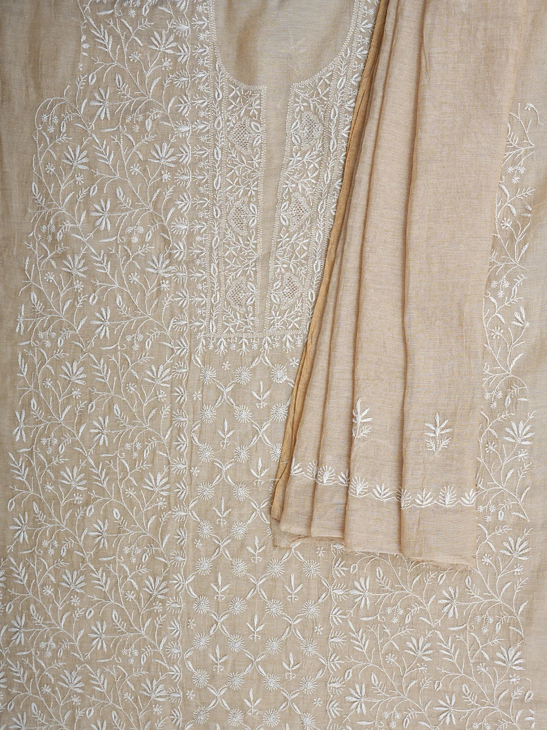 Ada Hand Embroidered Fawn Tissue Lucknowi Chikankari Unstitched Kurta Dupatta Set 01A903766