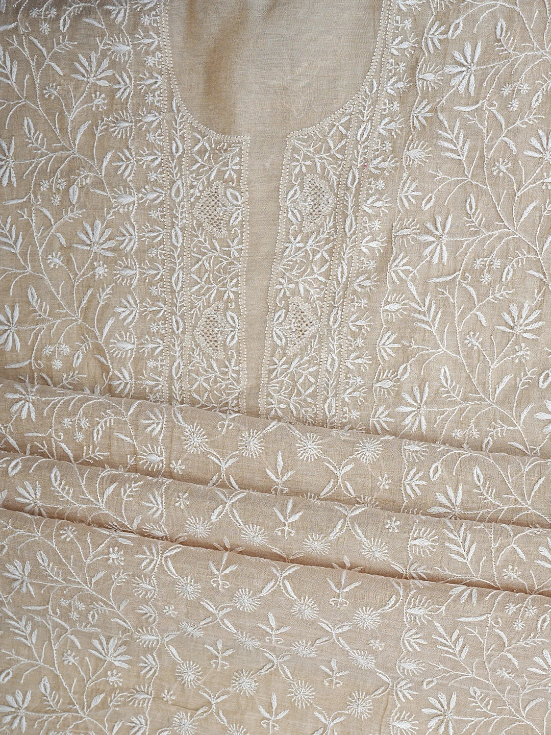 Ada Hand Embroidered Fawn Tissue Lucknowi Chikankari Unstitched Kurta Dupatta Set 01A903766