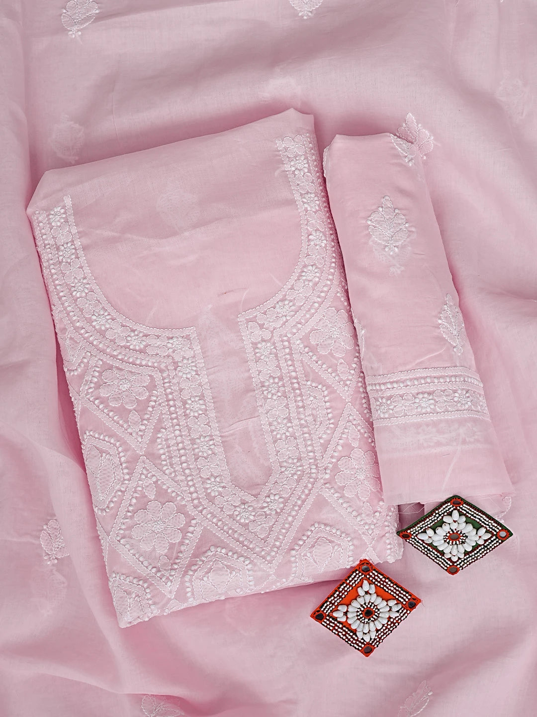 Ada Hand Embroidered Pink Cotton Lucknowi Chikankari Unstitched Suit Piece 01A914783