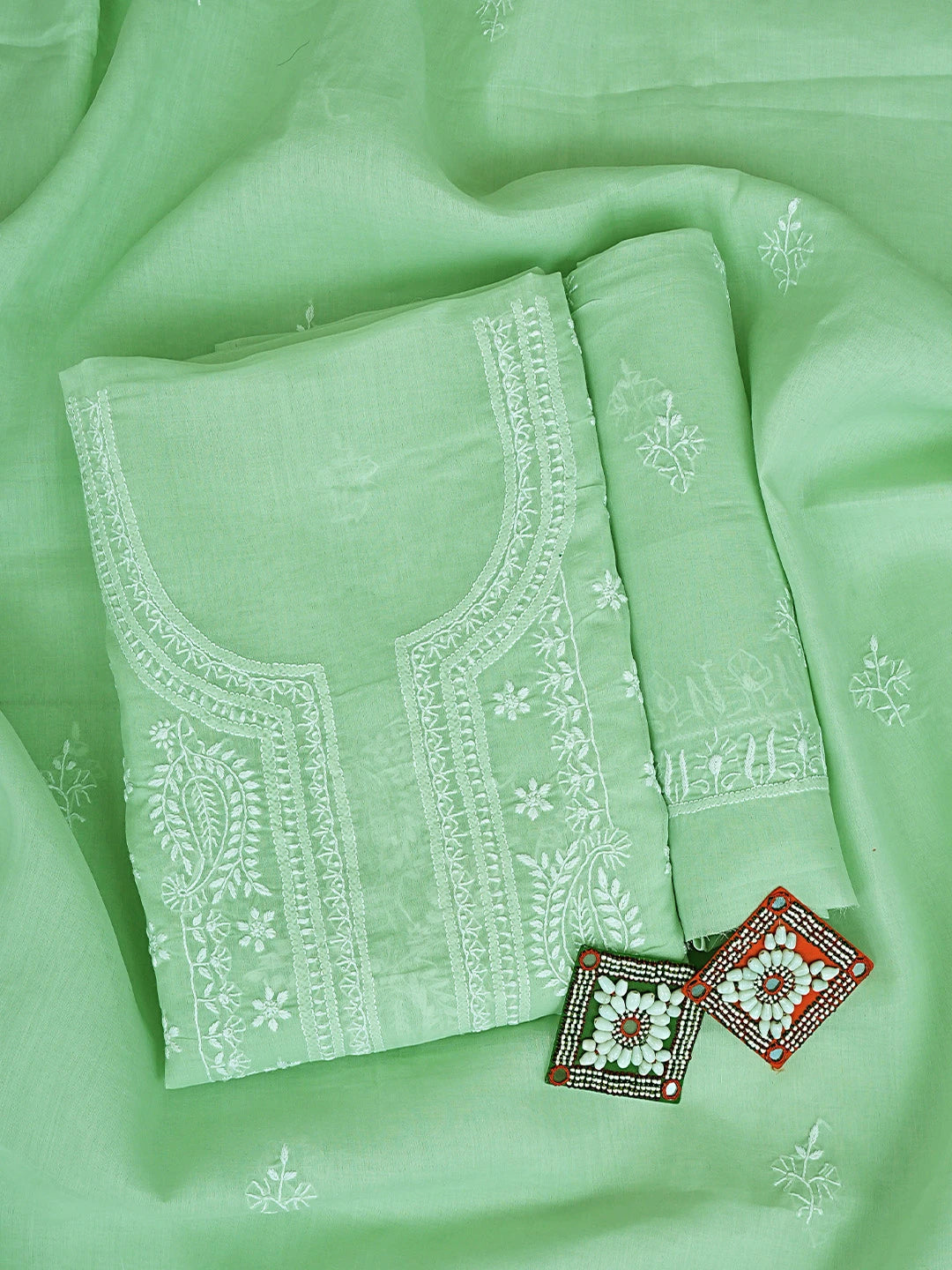 Ada Hand Embroidered Celadon Green Cotton Lucknowi Chikankari Unstitched Suit Piece 01A914875