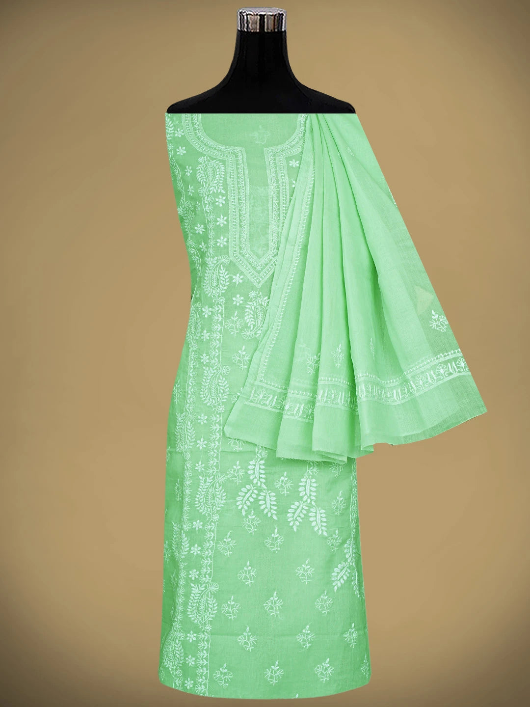 Ada Hand Embroidered Celadon Green Cotton Lucknowi Chikankari Unstitched Suit Piece 01A914875