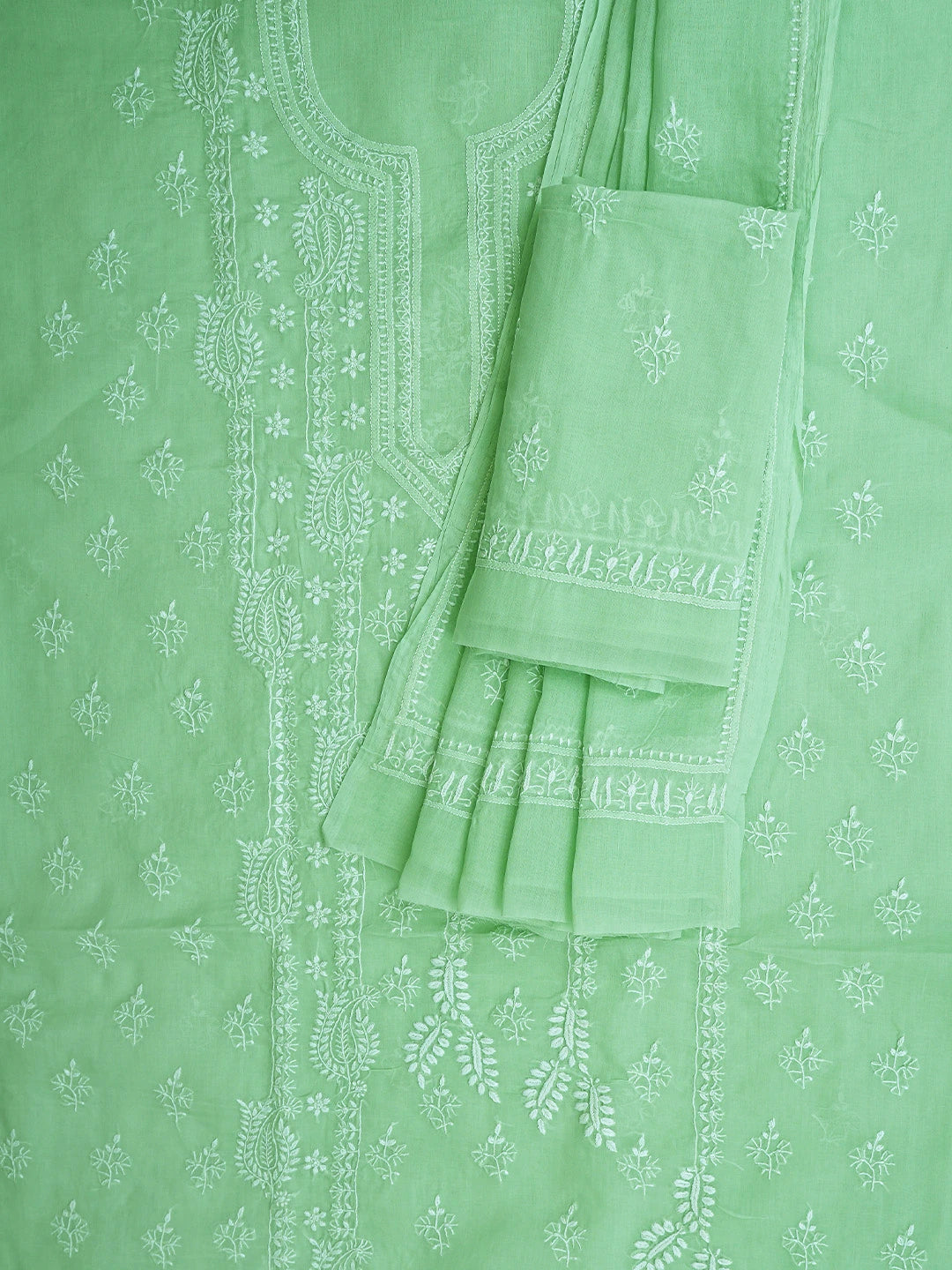 Ada Hand Embroidered Celadon Green Cotton Lucknowi Chikankari Unstitched Suit Piece 01A914875