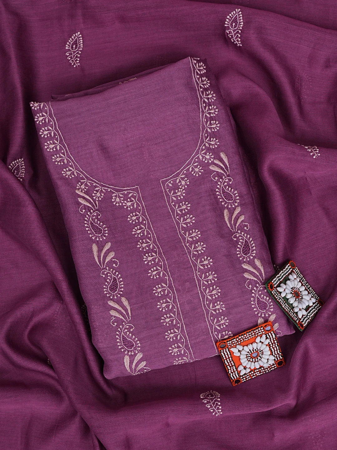 Ada Hand Embroidered Deep Purple Chanderi Lucknowi Chikankari Kurta Dupatta Set 01A903199