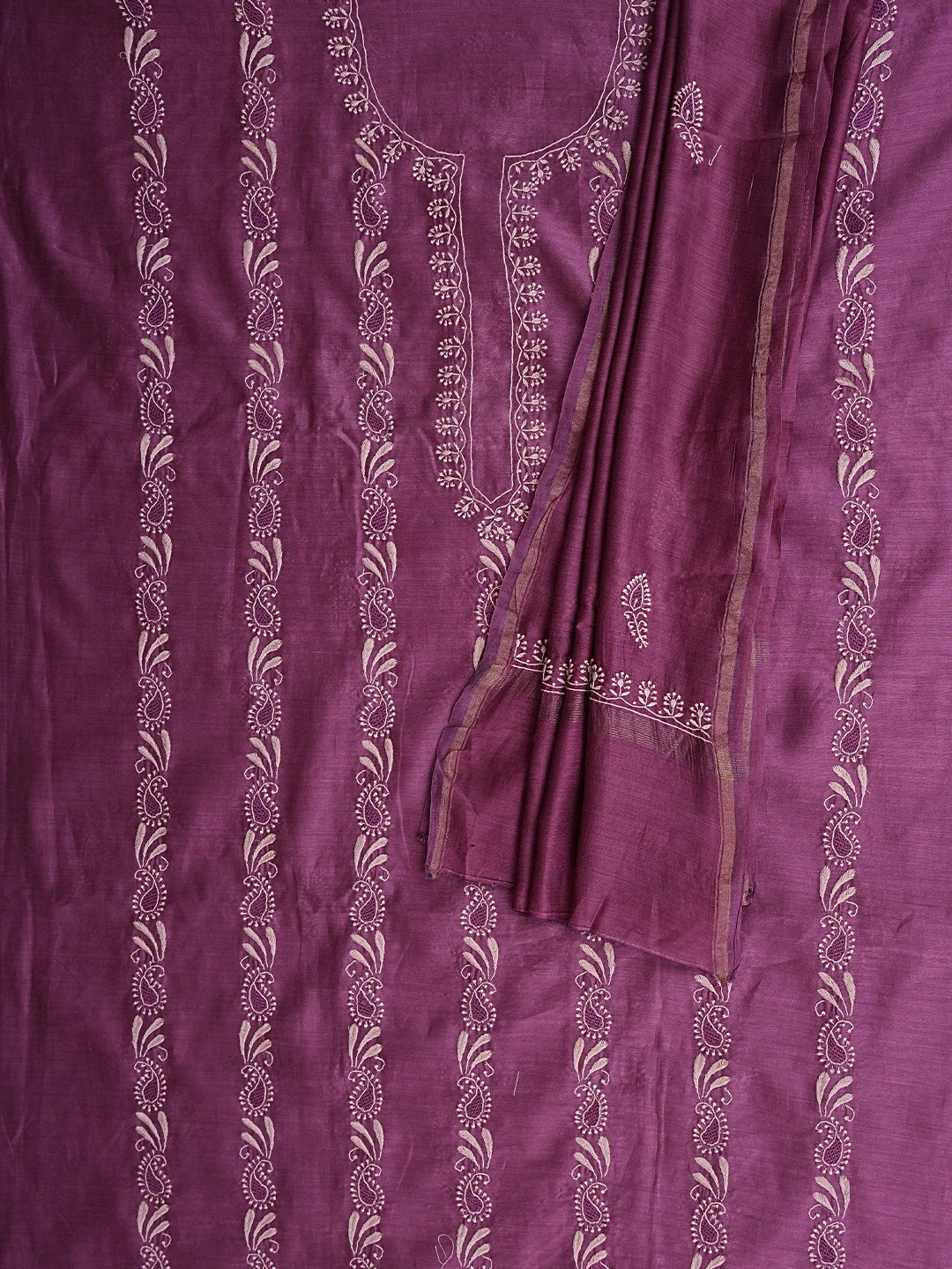 Ada Hand Embroidered Deep Purple Chanderi Lucknowi Chikankari Kurta Dupatta Set 01A903199