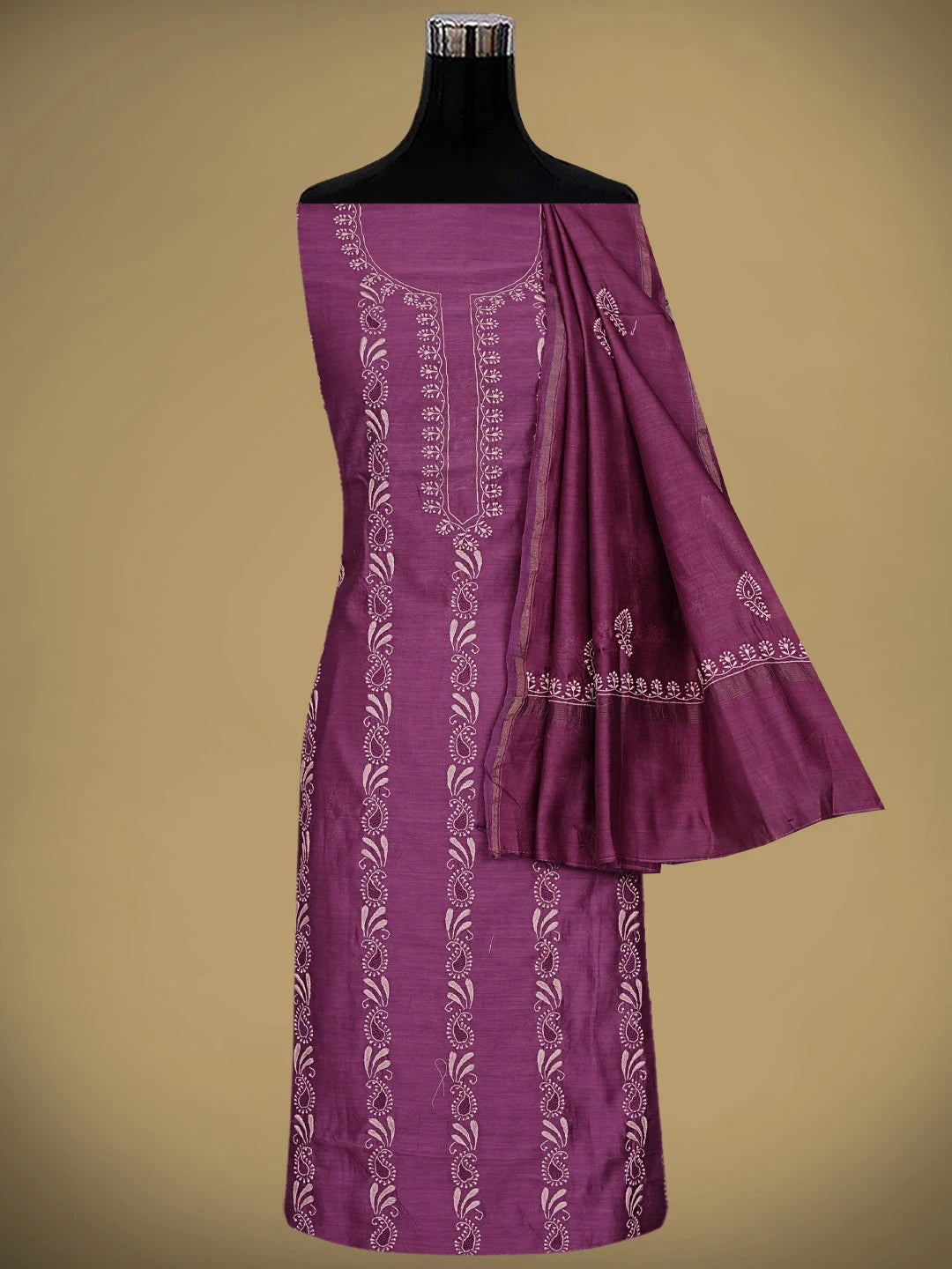 Ada Hand Embroidered Deep Purple Chanderi Lucknowi Chikankari Kurta Dupatta Set 01A903199