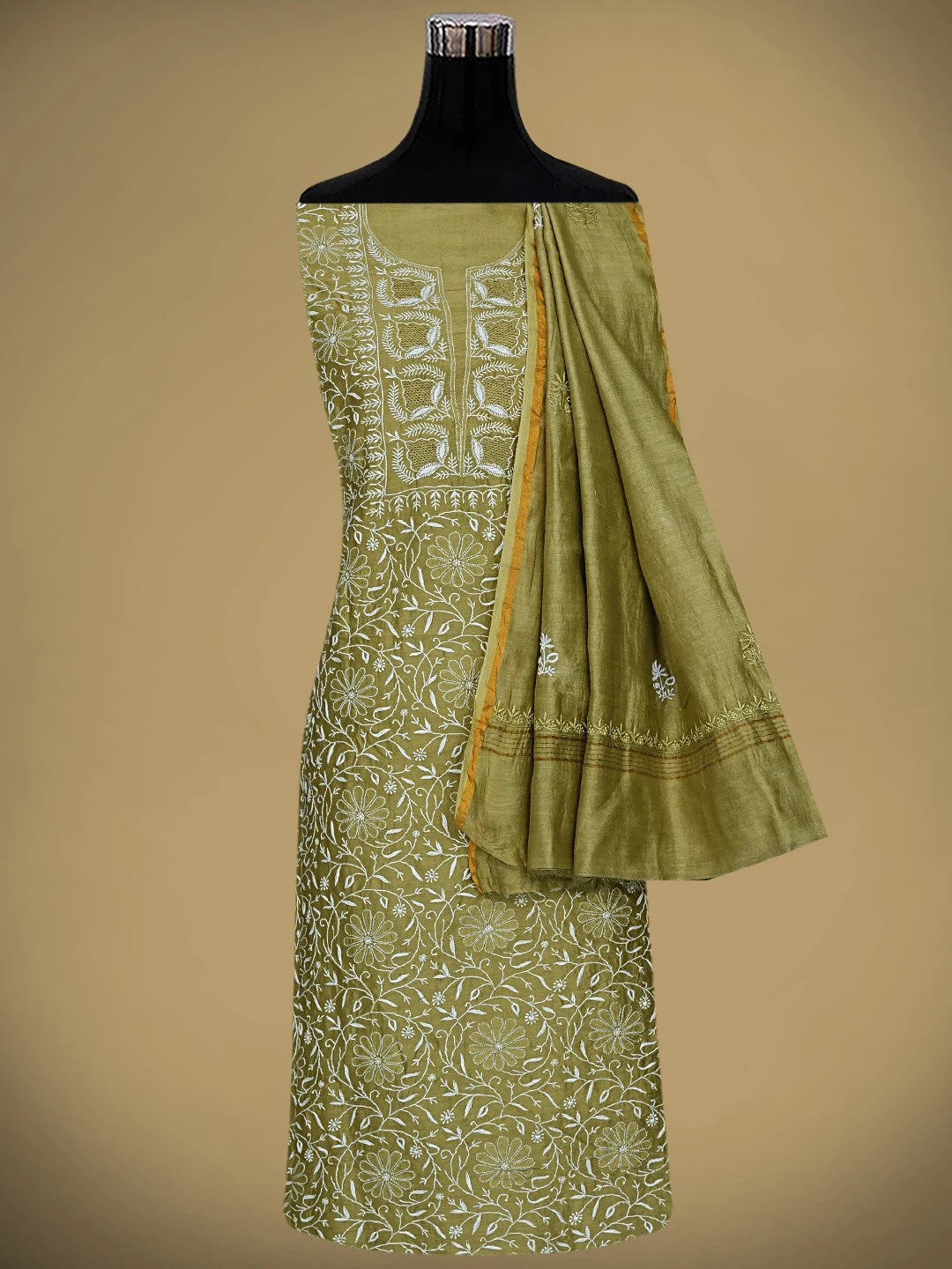 Ada Hand Embroidered Mehandi Green Chanderi Lucknowi Chikankari Unstitched Kurta Dupatta Set 01A873665