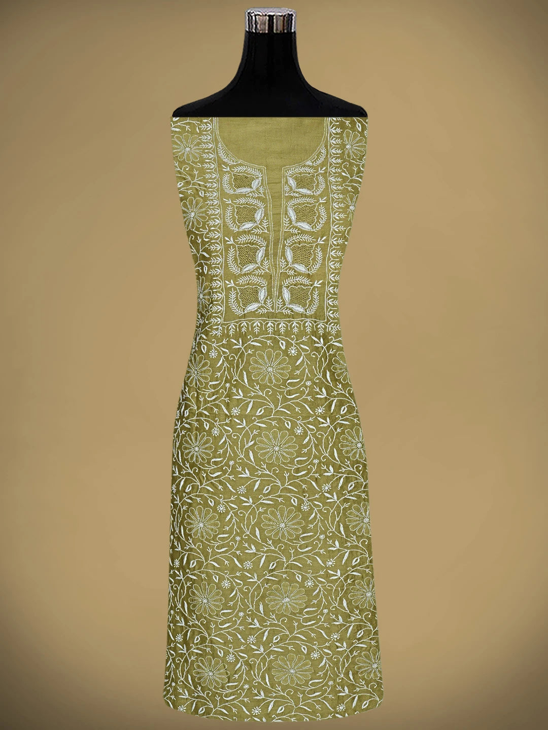 Ada Hand Embroidered Mehandi Green Chanderi Lucknowi Chikankari Unstitched Kurta Dupatta Set 01A873665