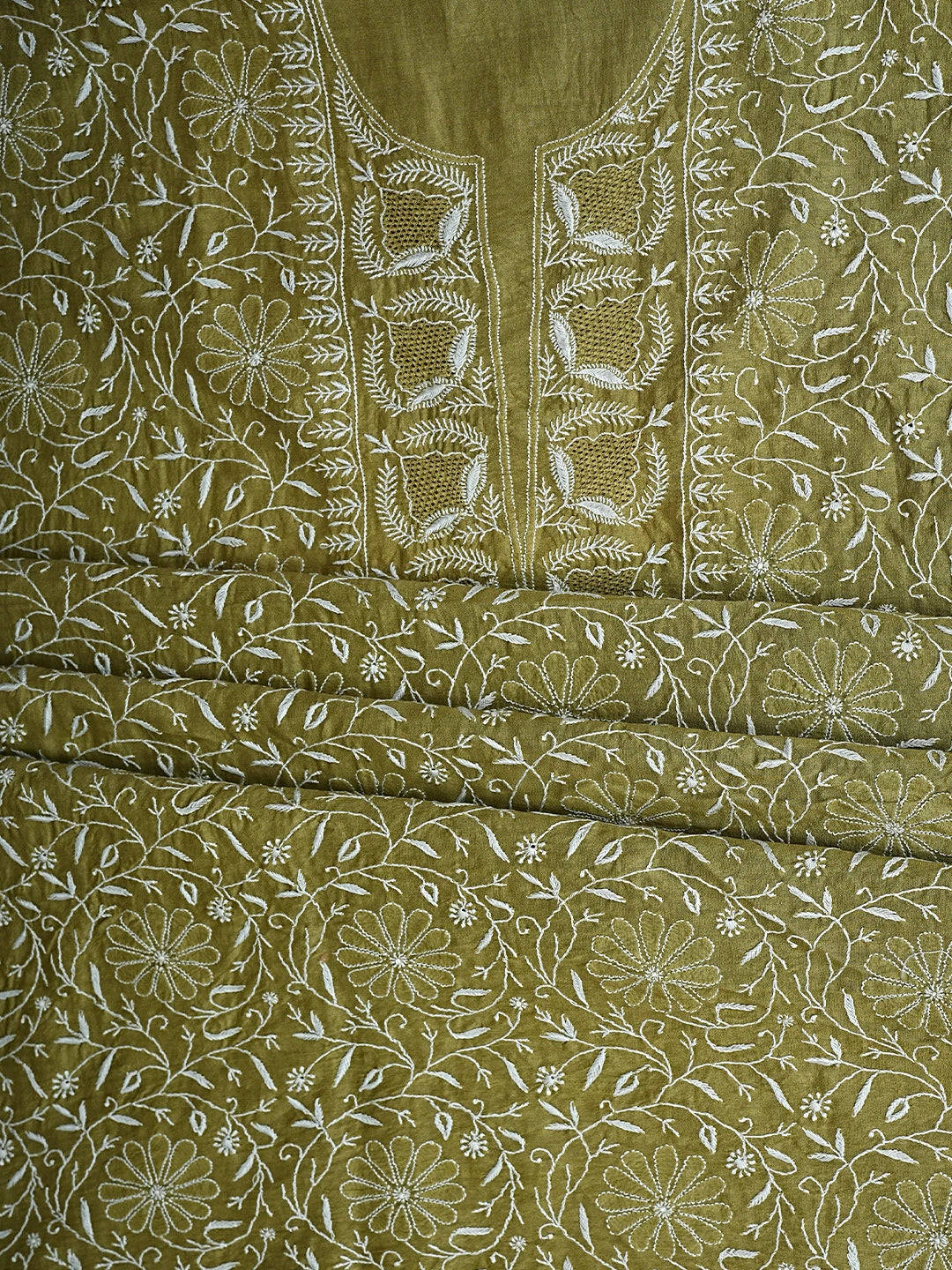 Ada Hand Embroidered Mehandi Green Chanderi Lucknowi Chikankari Unstitched Kurta Dupatta Set 01A873665