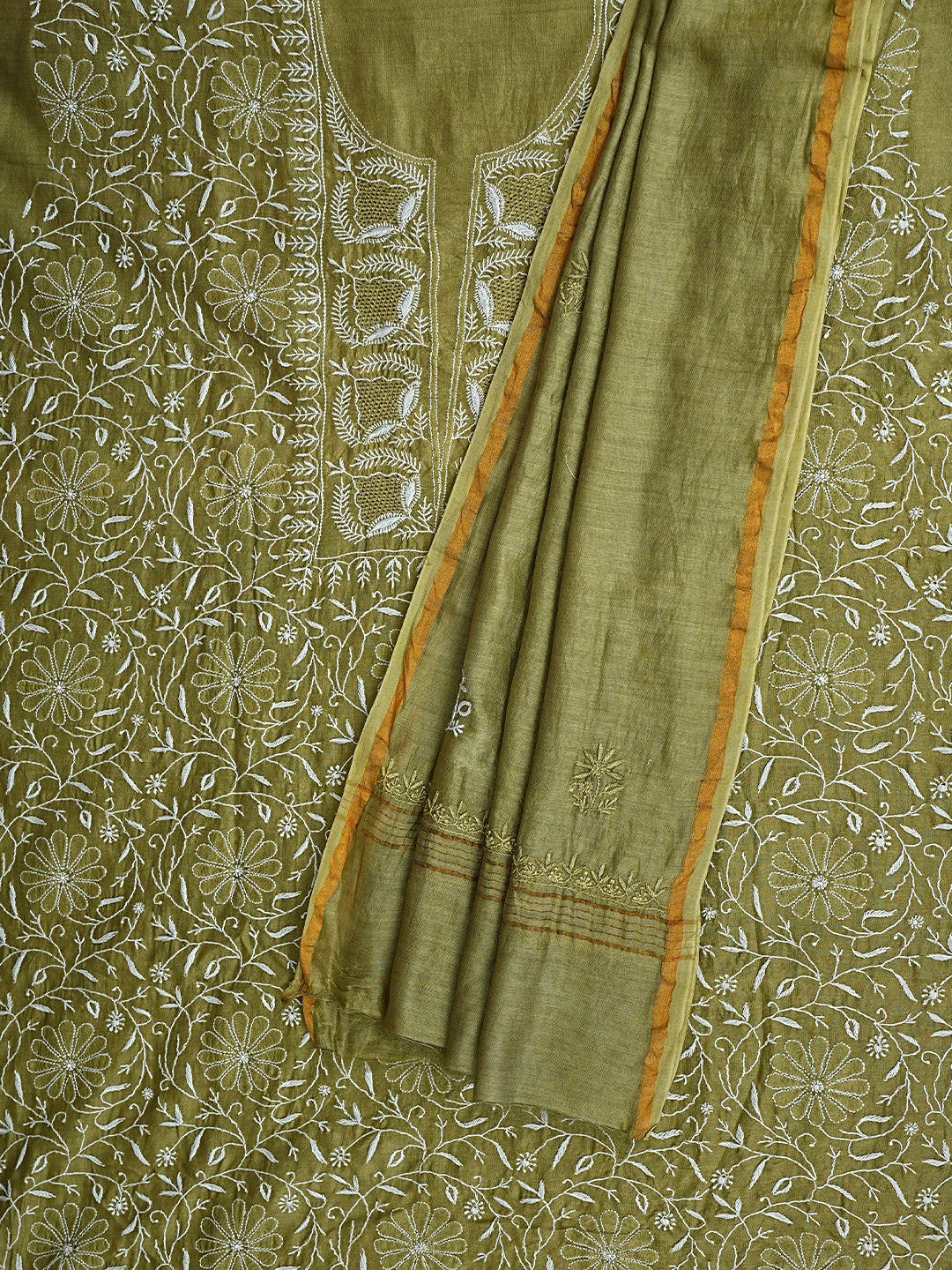 Ada Hand Embroidered Mehandi Green Chanderi Lucknowi Chikankari Unstitched Kurta Dupatta Set 01A873665
