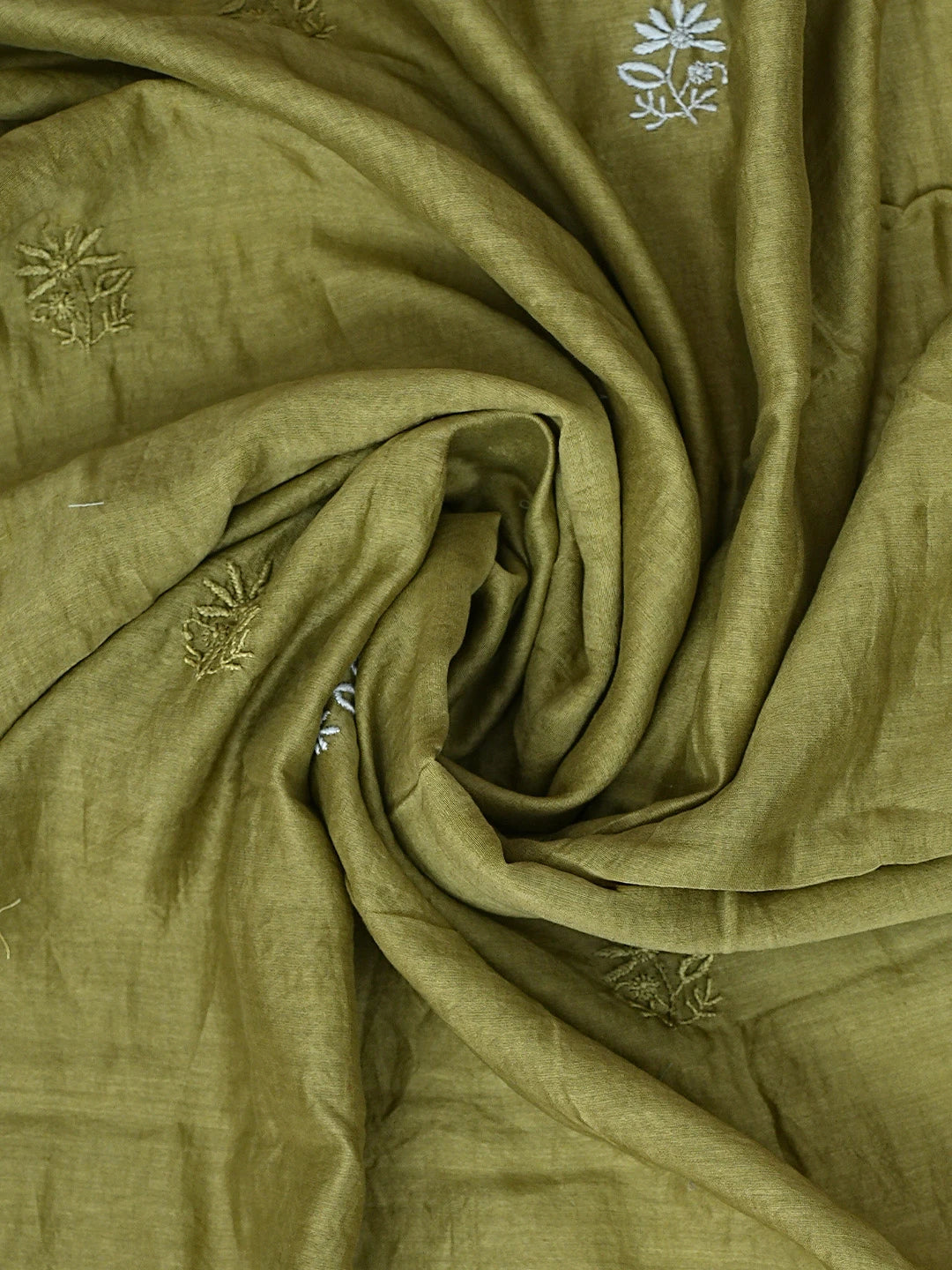 Ada Hand Embroidered Mehandi Green Chanderi Lucknowi Chikankari Unstitched Kurta Dupatta Set 01A873665