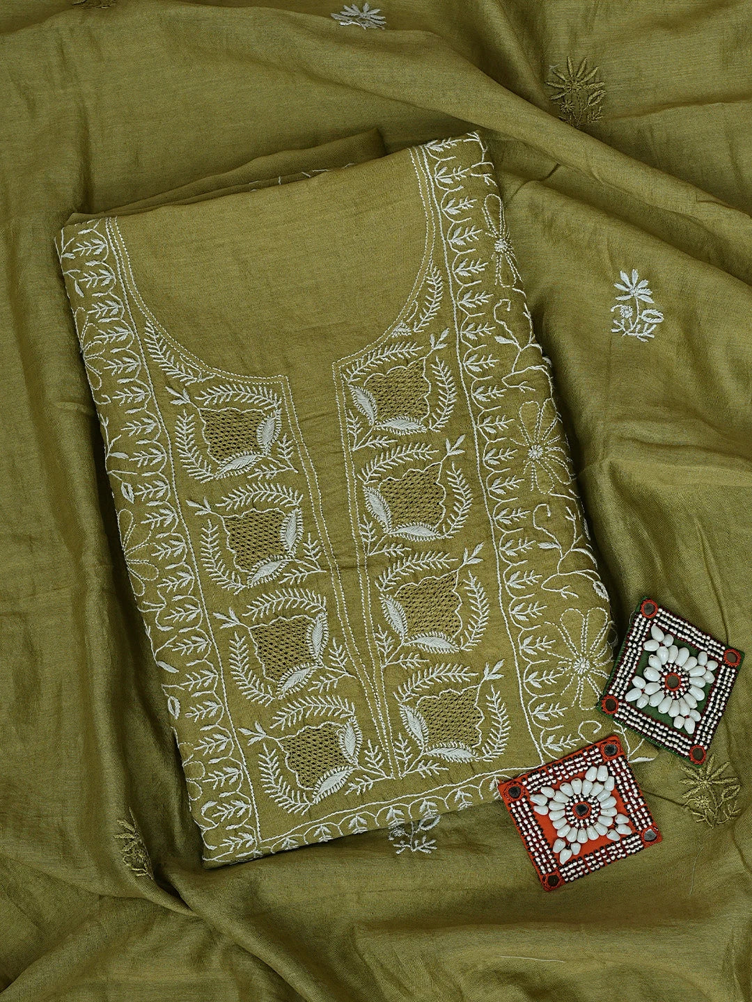 Ada Hand Embroidered Mehandi Green Chanderi Lucknowi Chikankari Unstitched Kurta Dupatta Set 01A873665