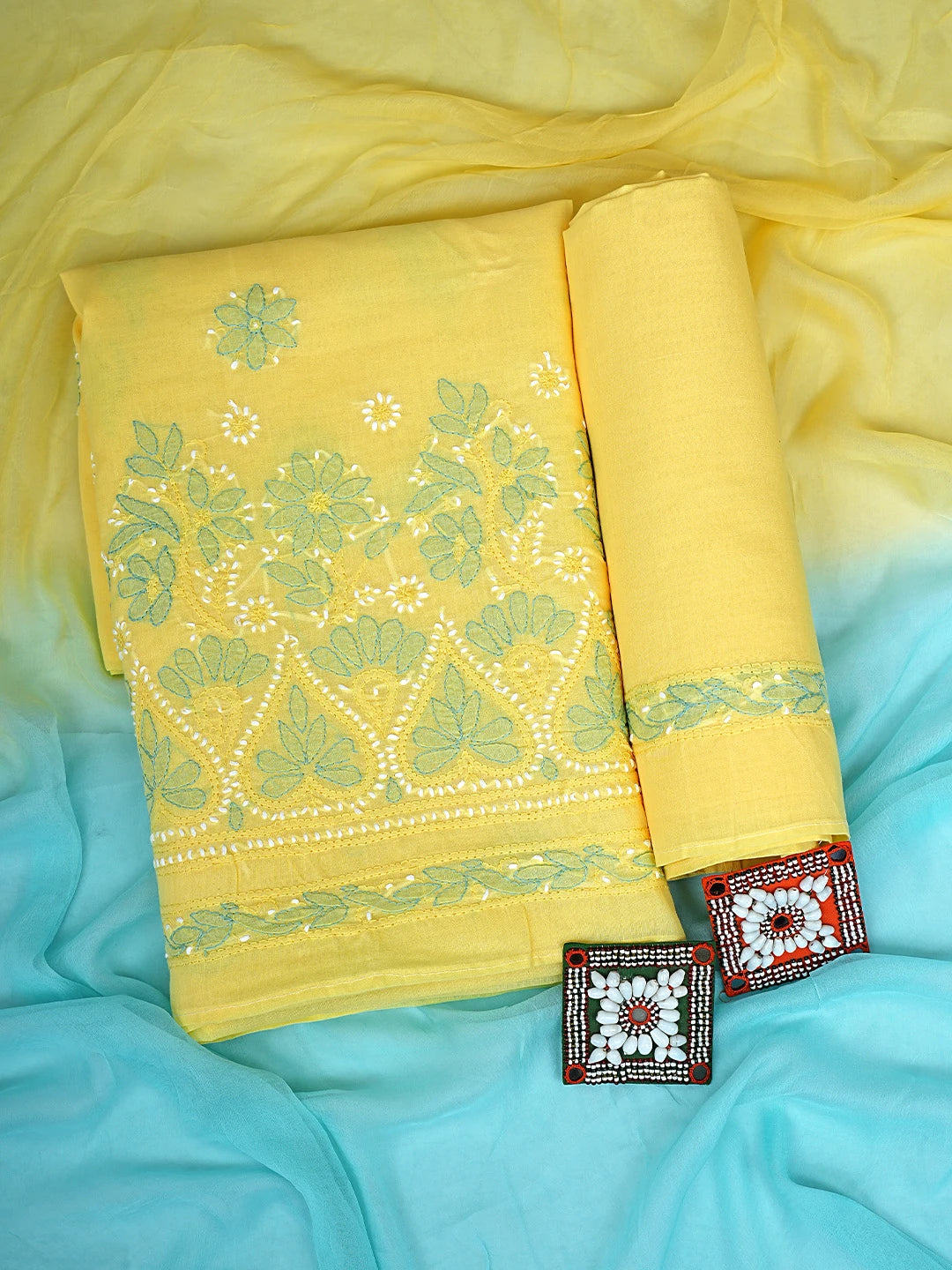 Ada Hand Embroidered Yellow Cotton Lucknowi Chikankari Unstitched Suit Piece 01A879359