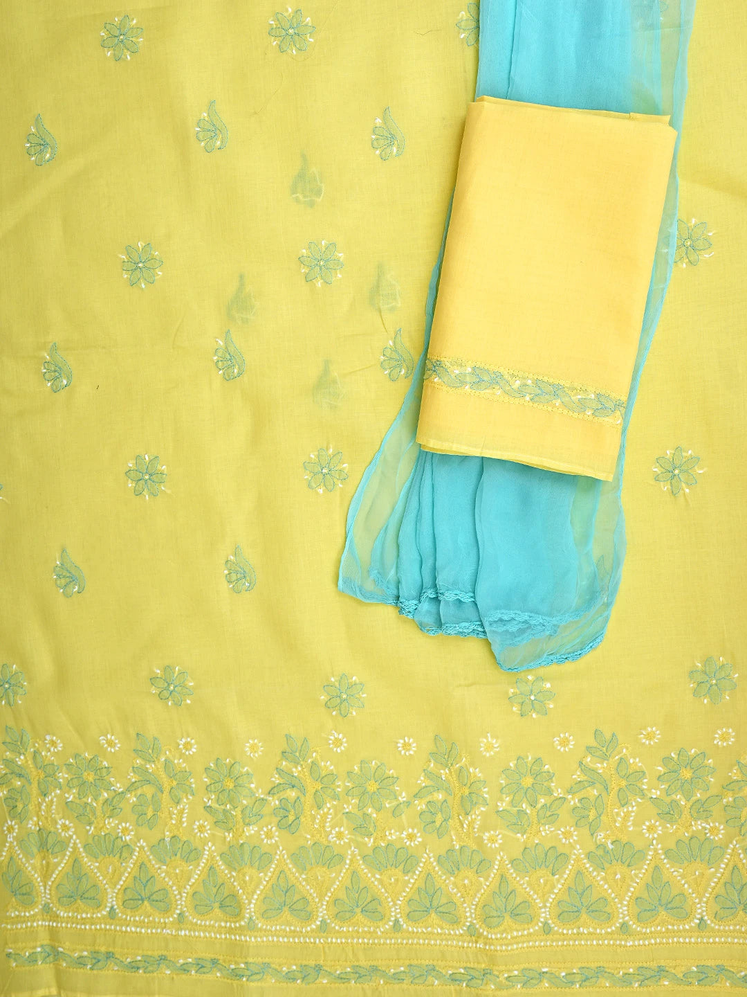 Ada Hand Embroidered Yellow Cotton Lucknowi Chikankari Unstitched Suit Piece 01A879359