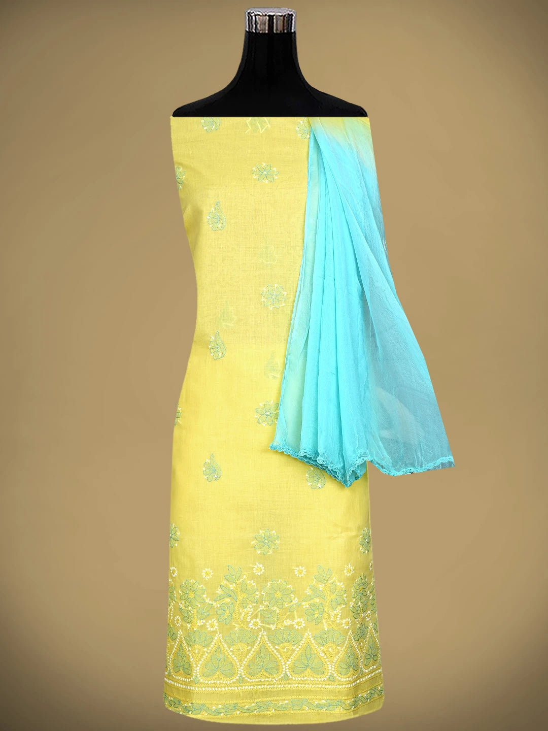 Ada Hand Embroidered Yellow Cotton Lucknowi Chikankari Unstitched Suit Piece 01A879359