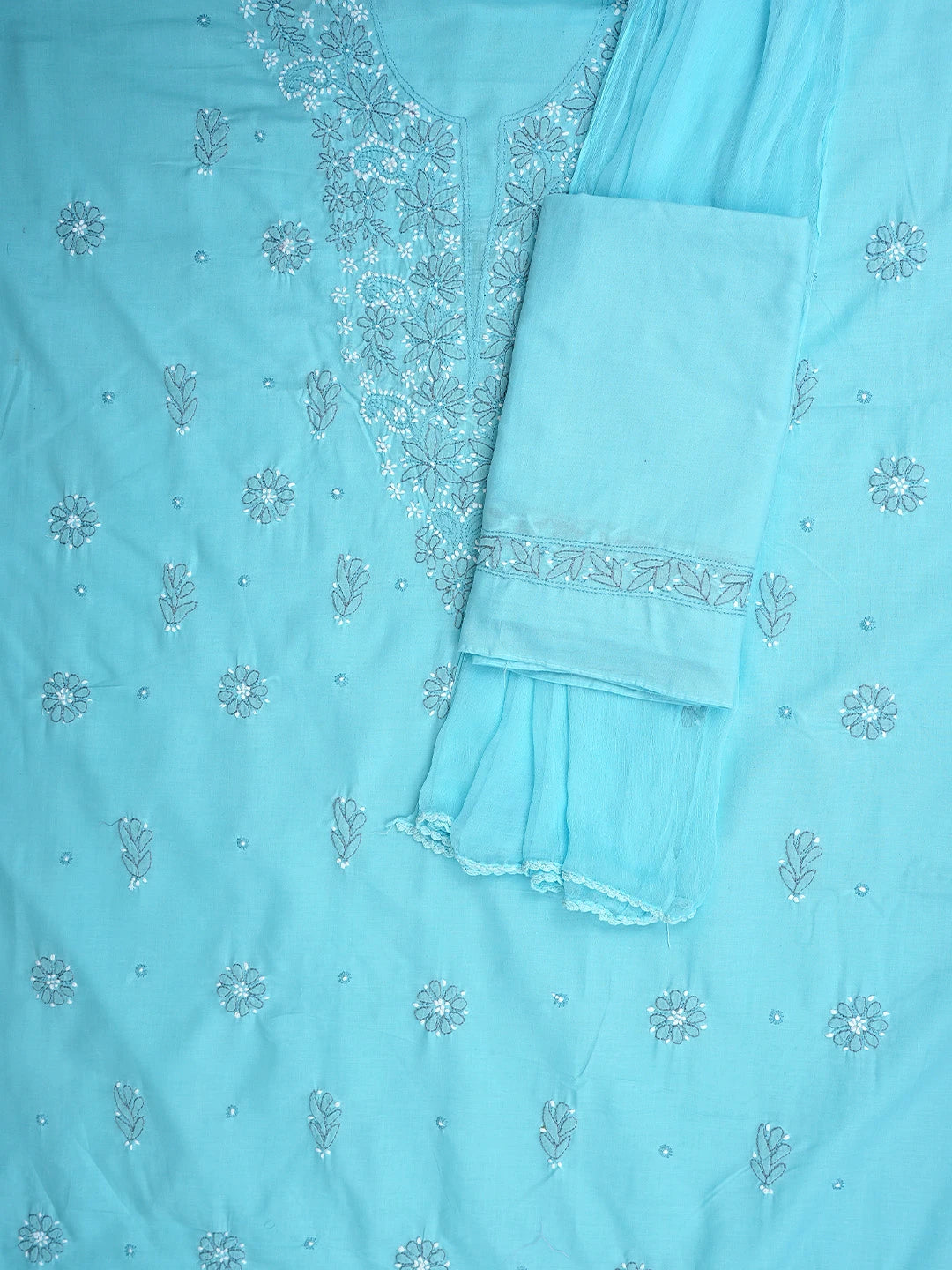 Ada Hand Embroidered Blue Cotton Lucknowi Chikankari Unstitched Suit Piece 01A879293