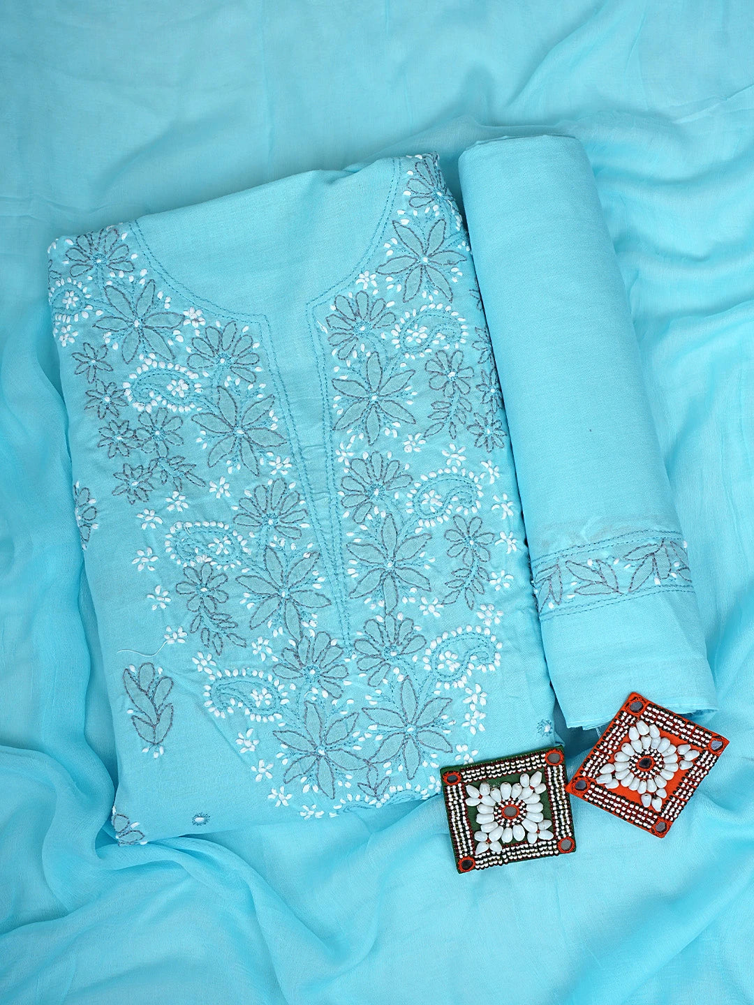 Ada Hand Embroidered Blue Cotton Lucknowi Chikankari Unstitched Suit Piece 01A879293