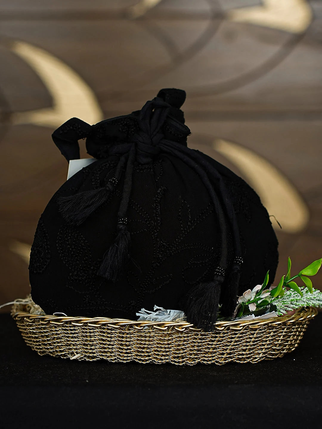 Ada Hand Embroidered Black Viscose Georgette Lucknowi Chikankari Potli Bag 01A916374