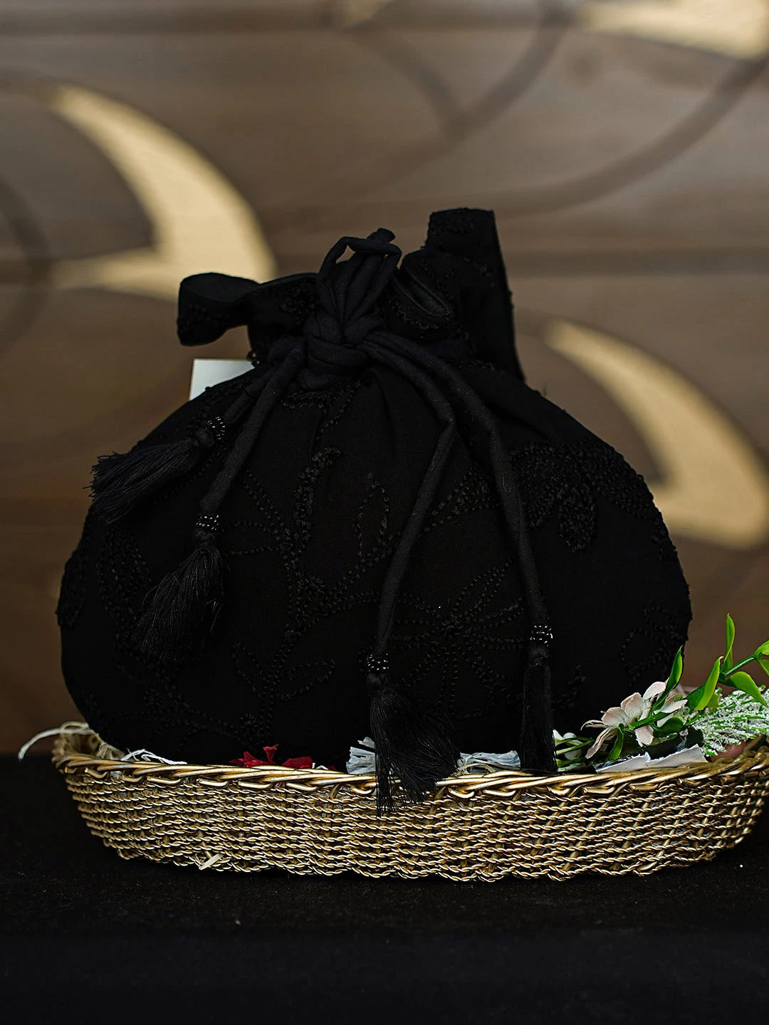 Ada Hand Embroidered Black Viscose Georgette Lucknowi Chikankari Potli Bag 01A916374