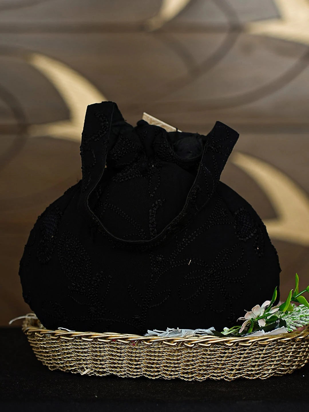 Ada Hand Embroidered Black Viscose Georgette Lucknowi Chikankari Potli Bag 01A916374