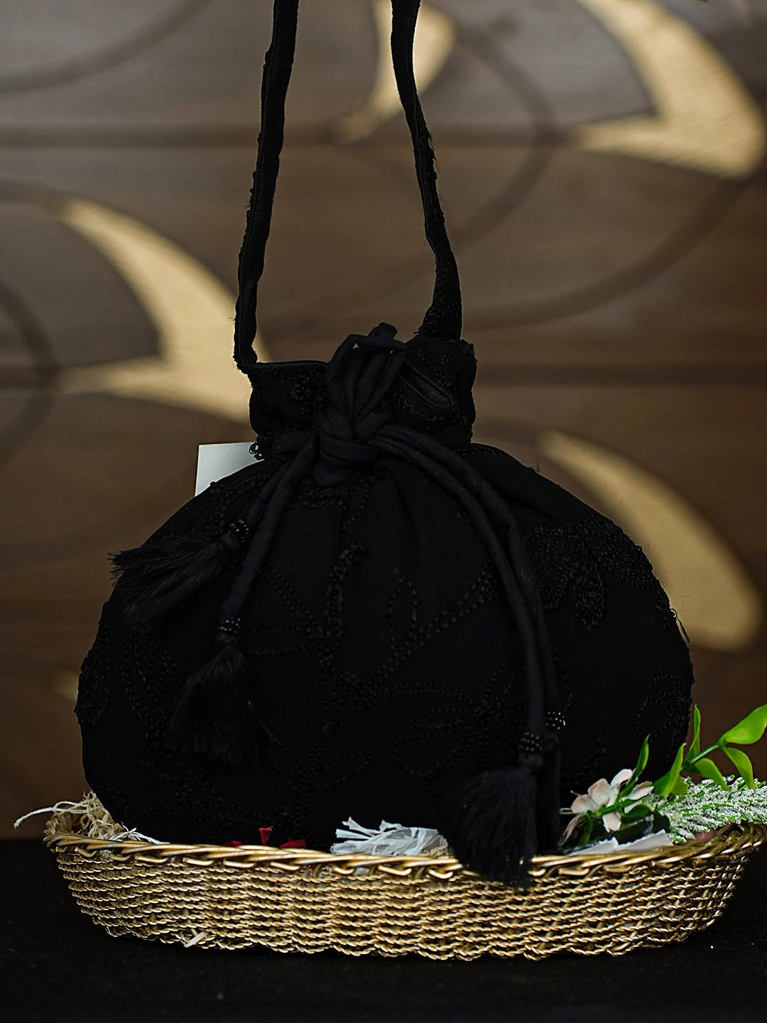 Ada Hand Embroidered Black Viscose Georgette Lucknowi Chikankari Potli Bag 01A916374